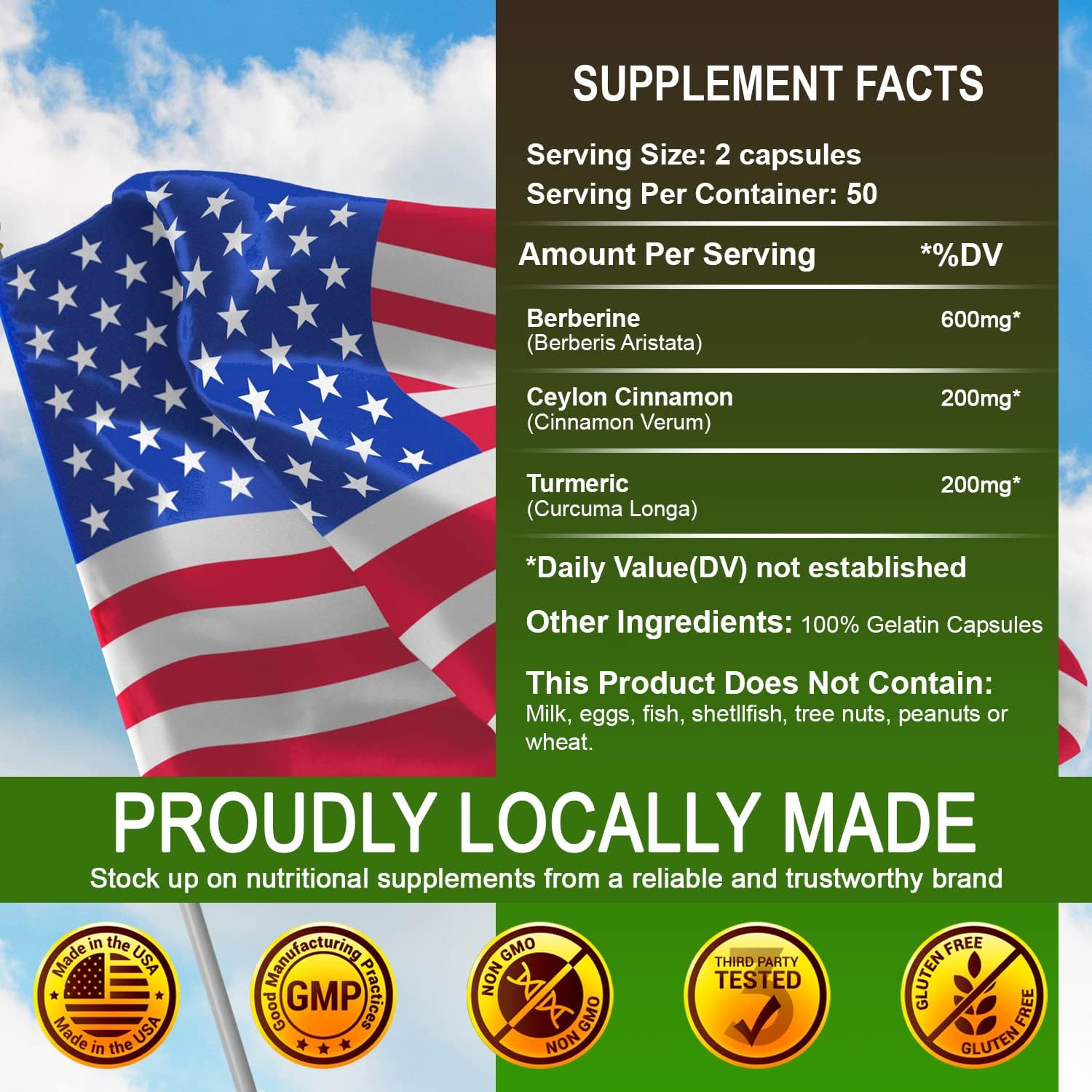 Berberine Capsules with Ceylon Cinnamon & Turmeric - 500mg Berberine HCL Dietary Supplement for Immune Support - Non GMO Formula for Men and Women