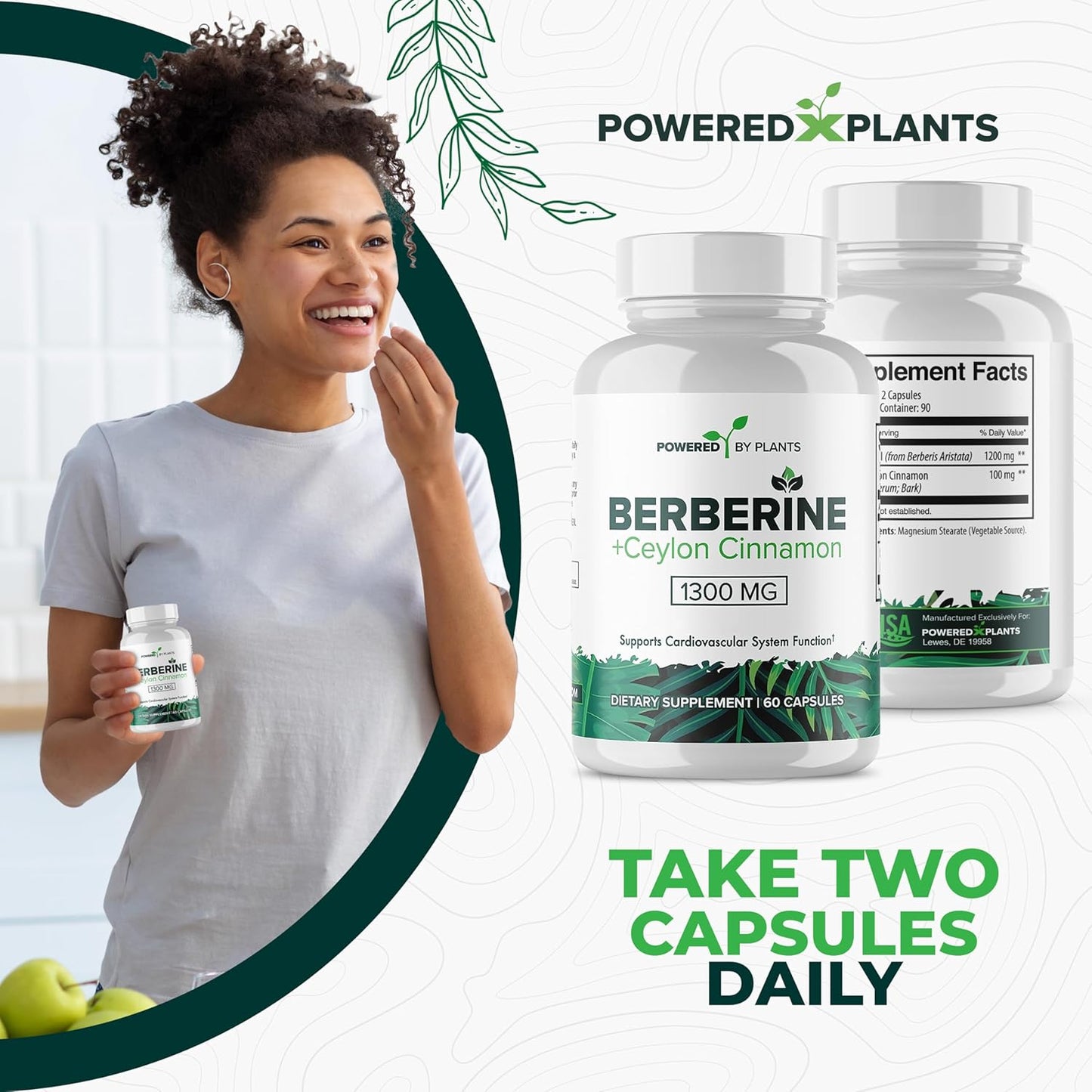 Berberine & Ceylon Cinnamon Supplement for Metabolism & Immune Support - 1300mg, 2 Pack, 120 Servings