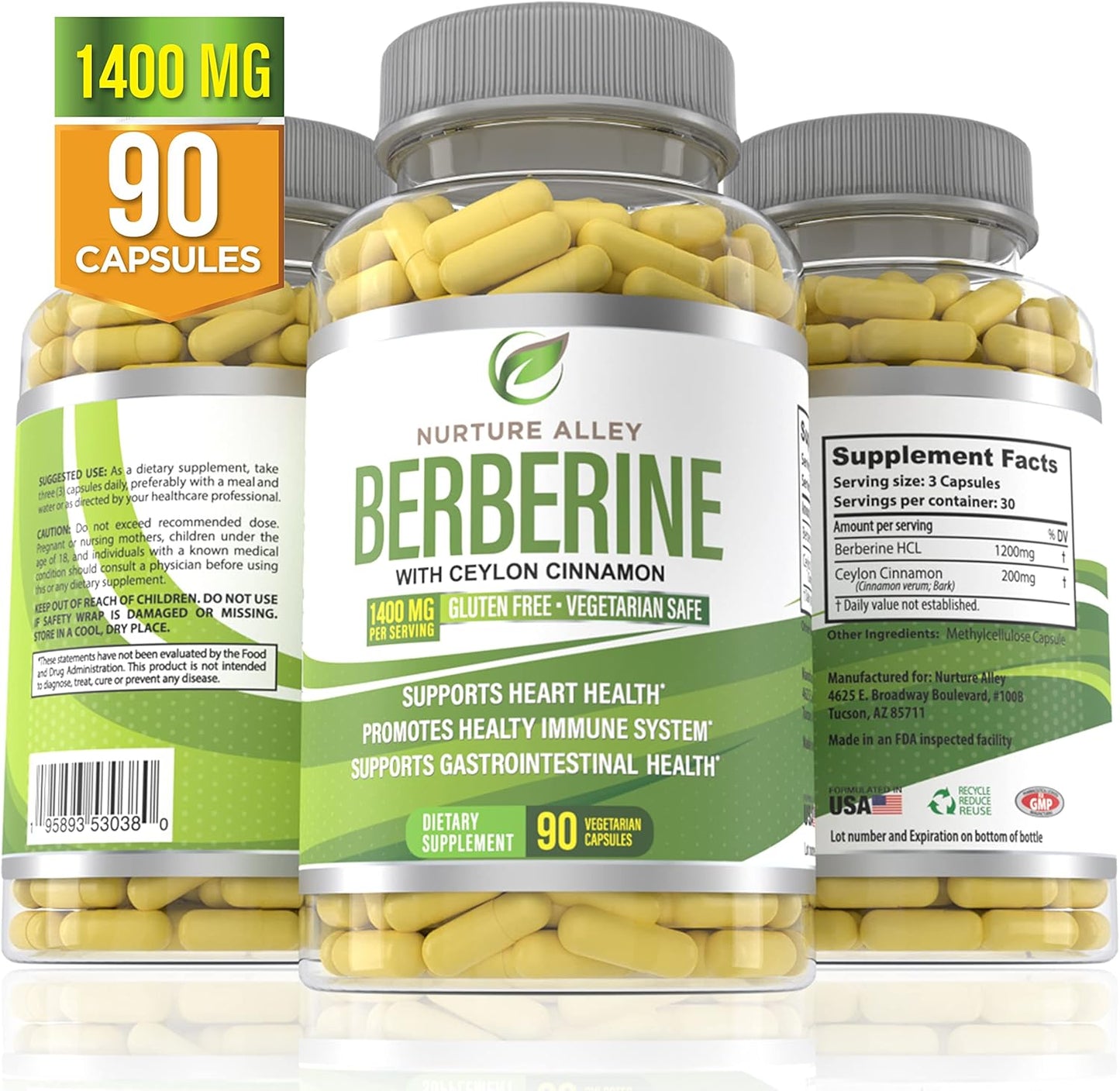 Berberine Complex with Ceylon Cinnamon - 1200mg Berberine HCL - 90 Capsules for Metabolism and Immune Support - HCI Supplement