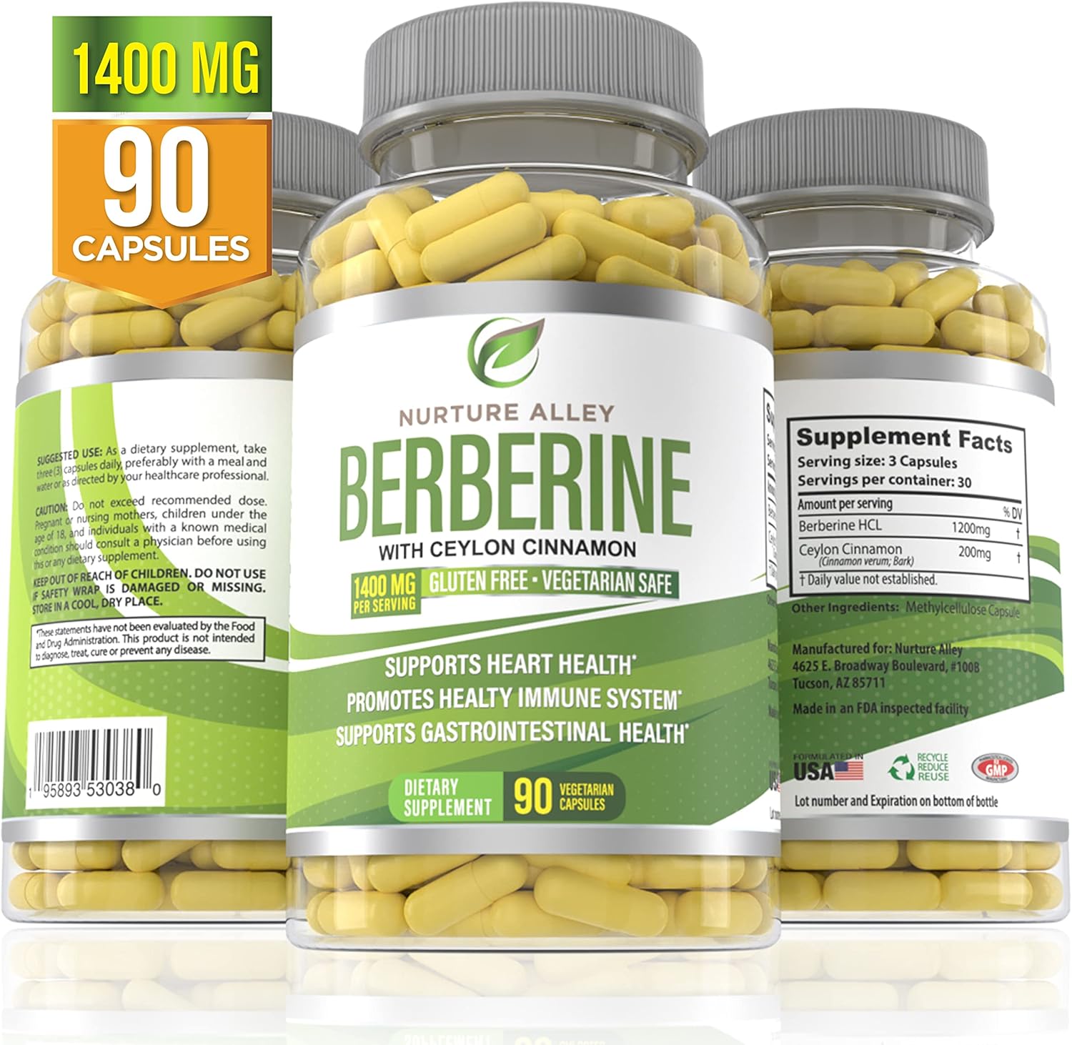 Berberine Complex with Ceylon Cinnamon - 1200mg Berberine HCL - 90 Capsules for Metabolism and Immune Support - HCI Supplement