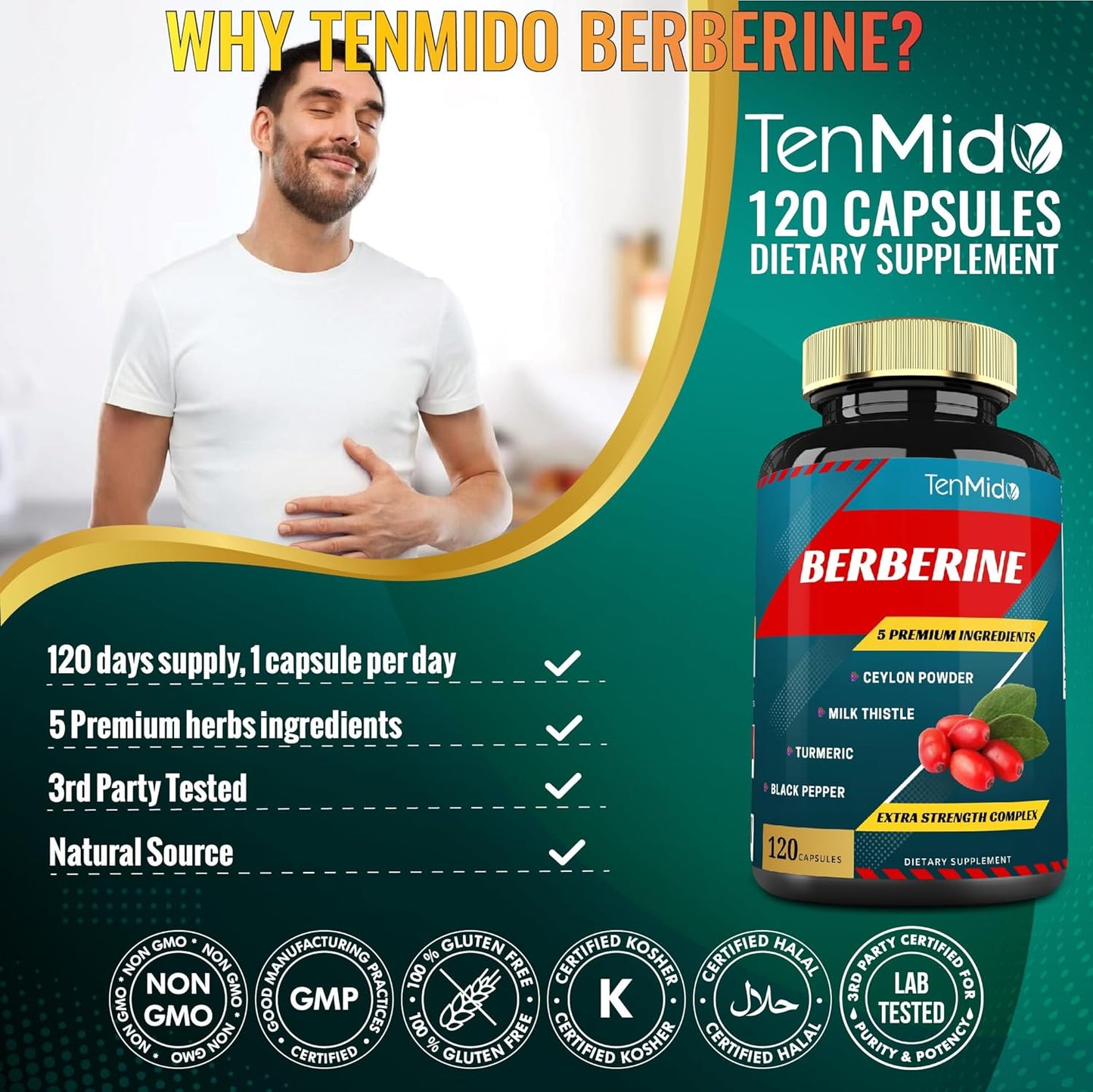 Berberine Extract Capsules with Ceylon, Milk Thistle, Turmeric, Black Pepper - 4 Months Supply - Immune Function & Weight Management Support