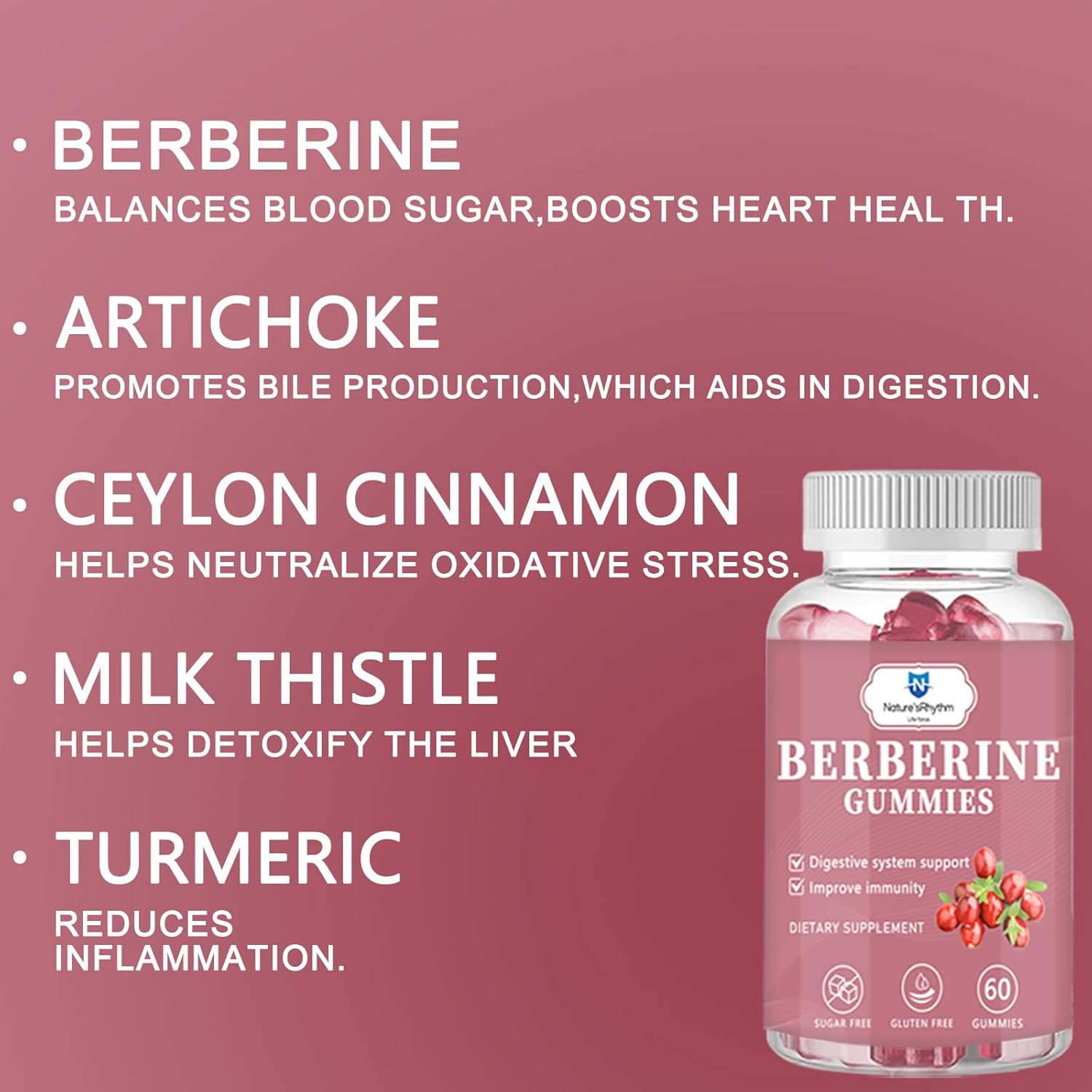 Berberine Gummies with Ceylon Cinnamon, Milk Thistle, Turmeric, Artichoke - 1200mg Sugar-Free Supplement for Immunity & Metabolism