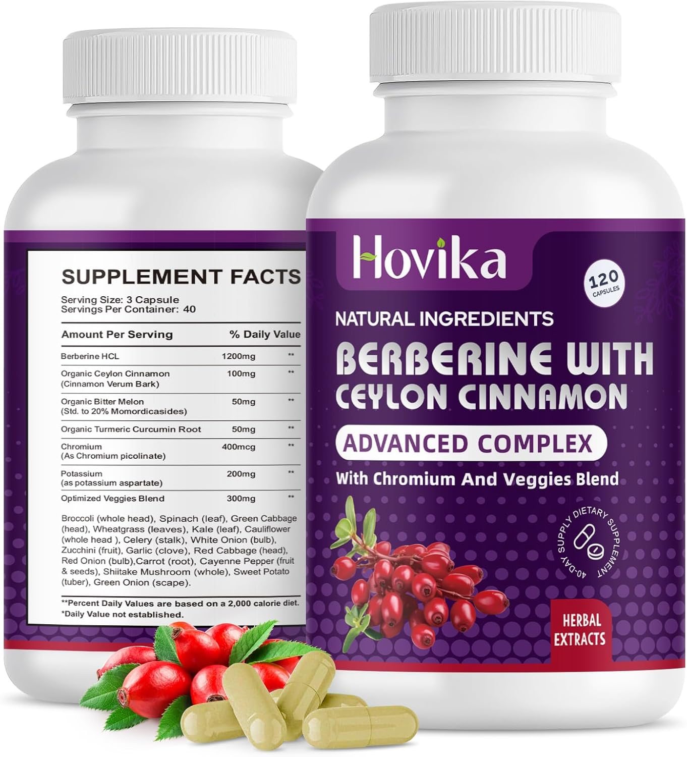 Berberine HCL Capsules 1200mg with Ceylon Cinnamon and Chromium - Metabolism and Immune System Support - 120 Vegan Pills
