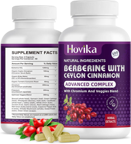 Berberine HCL Capsules 1200mg with Ceylon Cinnamon and Chromium - Metabolism and Immune System Support - 120 Vegan Pills