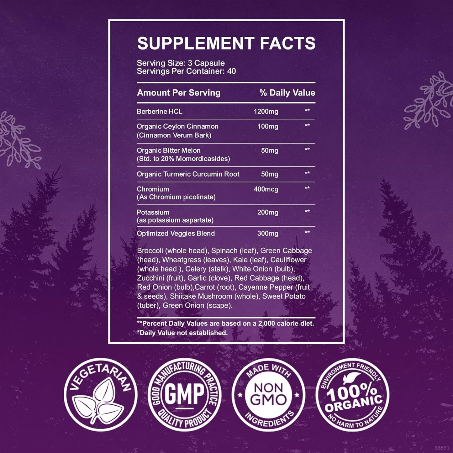 Berberine HCL Capsules 1200mg with Ceylon Cinnamon and Chromium - Metabolism and Immune System Support - 120 Vegan Pills