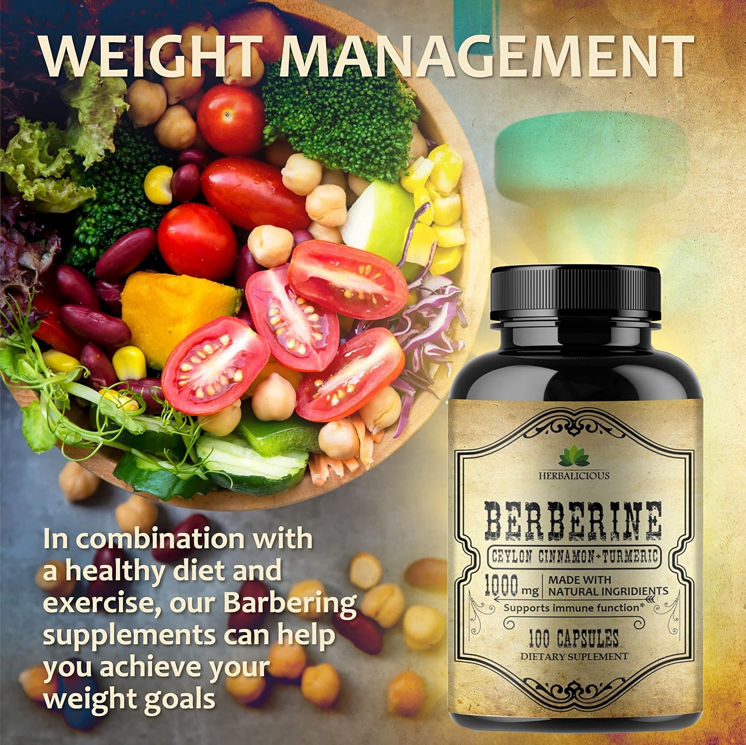 Berberine HCL Capsules with Ceylon Cinnamon & Turmeric - 1000mg Non GMO Supplement for Immune Support, Heart Health, Cholesterol - Men & Women Friendly