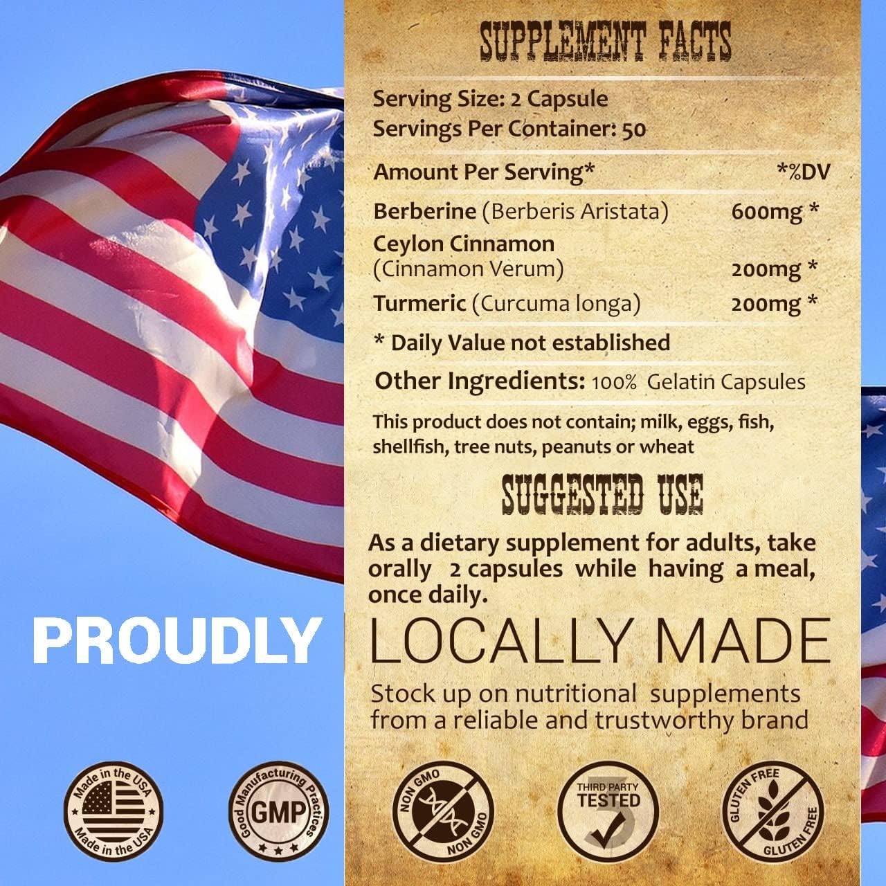 Berberine HCL Capsules with Ceylon Cinnamon & Turmeric - 1000mg Non GMO Supplement for Immune Support, Heart Health, Cholesterol - Men & Women Friendly