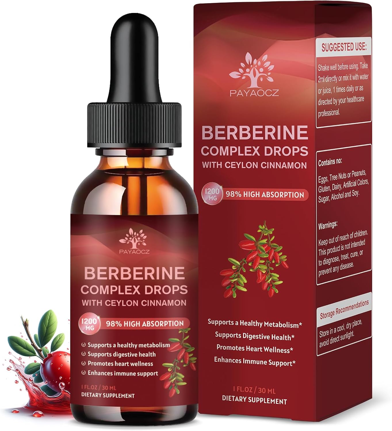 Berberine HCL Liquid Drops Supplement with Ceylon Cinnamon - 2 Pack, 1200mg - Immune & Heart Support - 1 Fl Oz