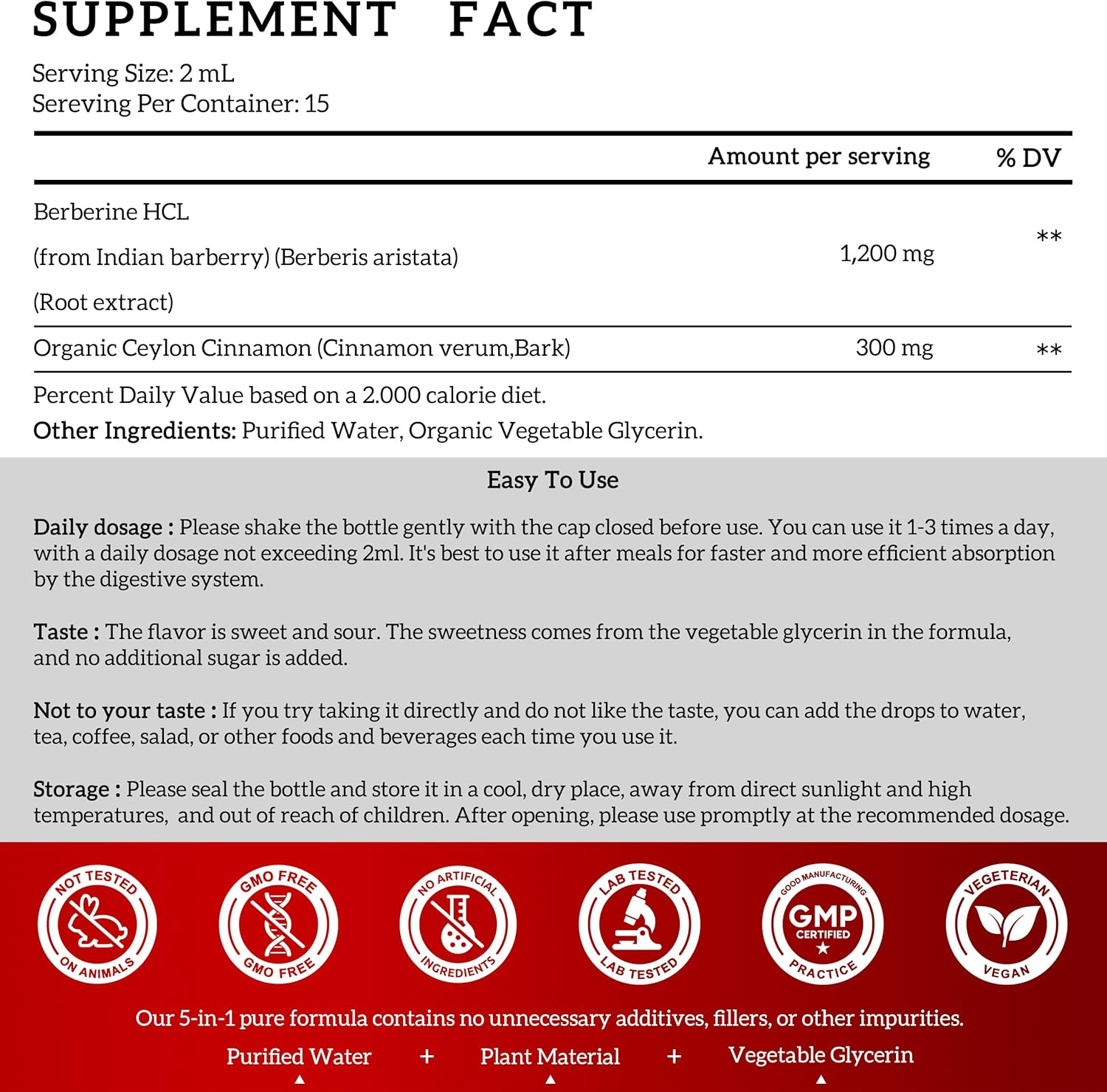 Berberine HCL Liquid Drops Supplement with Ceylon Cinnamon - 2 Pack, 1200mg - Immune & Heart Support - 1 Fl Oz