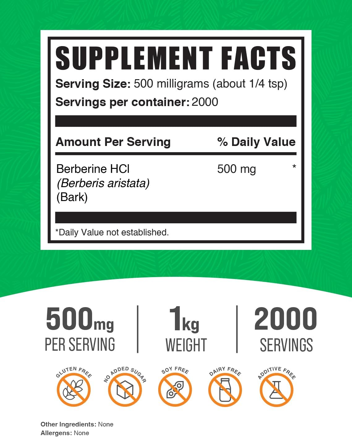 Berberine HCl Powder - 500mg Berberine Supplement, Gluten Free - 1kg (2.2 lbs) Pack of 1