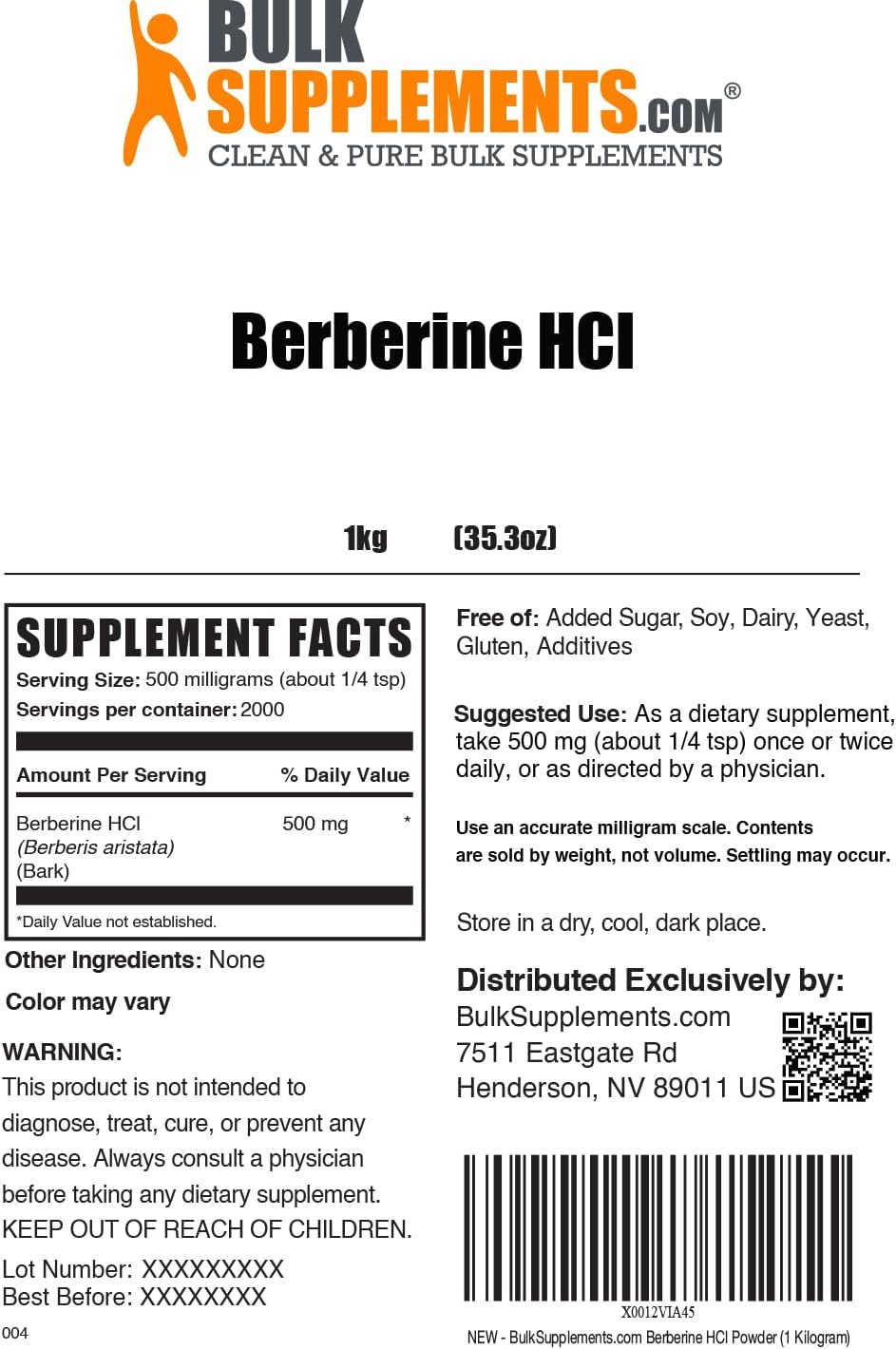 Berberine HCl Powder - 500mg Berberine Supplement, Gluten Free - 1kg (2.2 lbs) Pack of 1