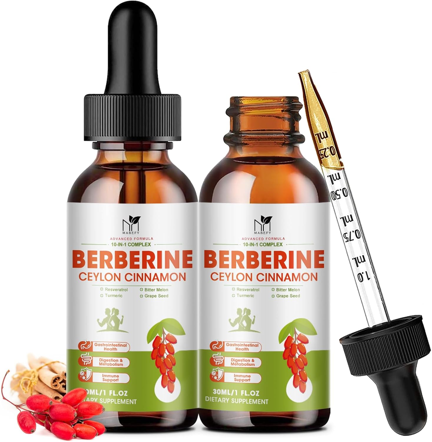 Berberine Liquid Drops Supplement with Ceylon Cinnamon, Turmeric, Resveratrol, and Bitter Melon - 1500mg, Vegan, Immune & Digestive Support - 2 FL Oz