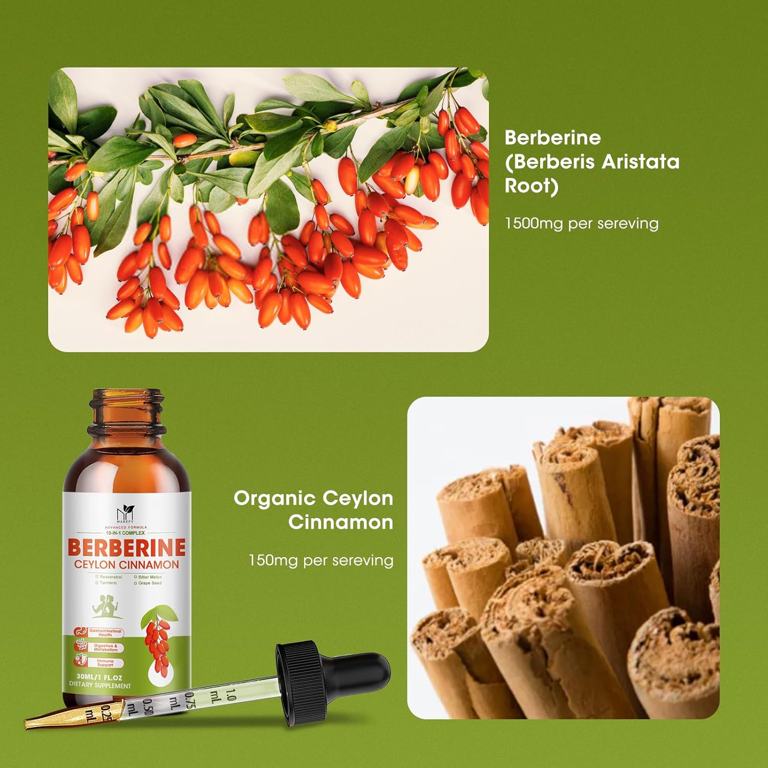 Berberine Liquid Drops Supplement with Ceylon Cinnamon, Turmeric, Resveratrol, and Bitter Melon - 1500mg, Vegan, Immune & Digestive Support - 2 FL Oz