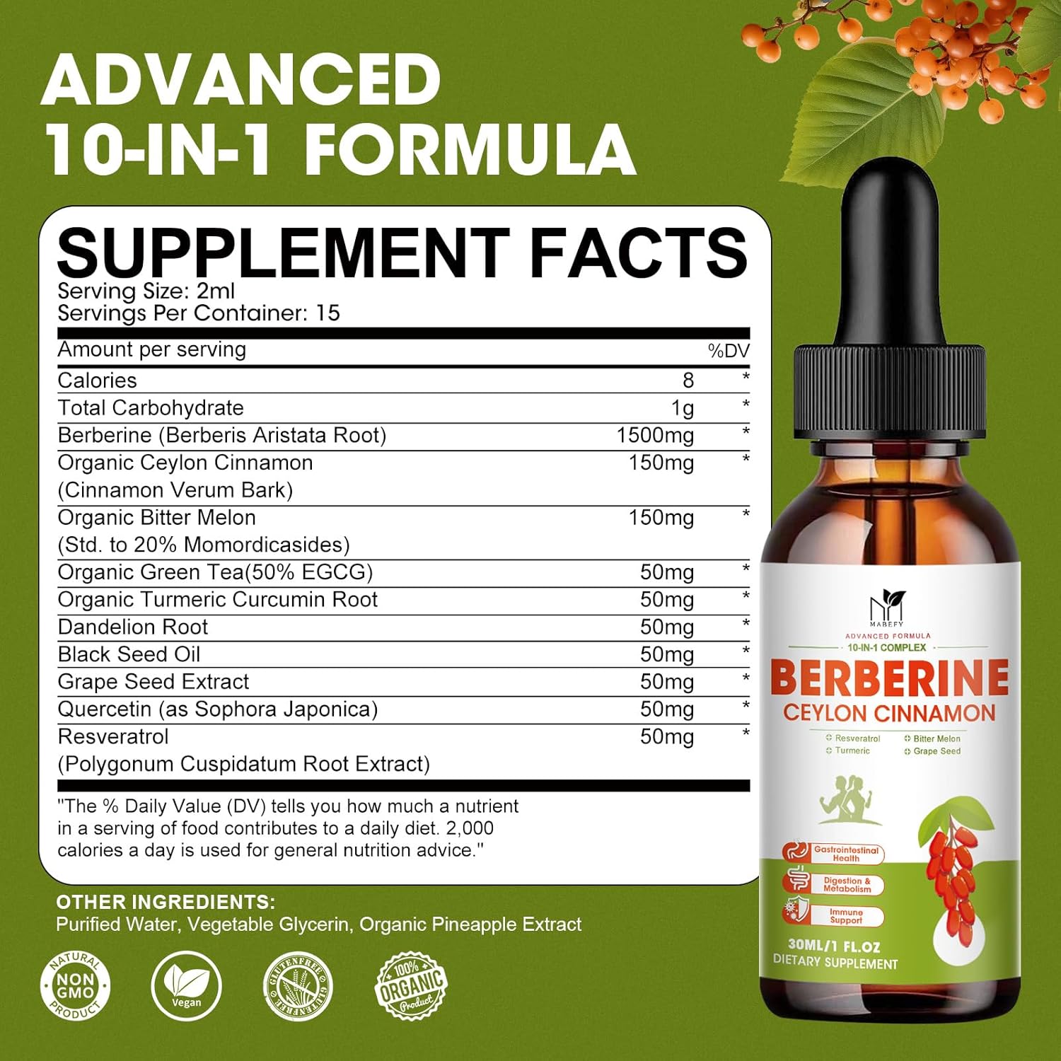 Berberine Liquid Drops Supplement with Ceylon Cinnamon, Turmeric, Resveratrol, and Bitter Melon - 1500mg, Vegan, Immune & Digestive Support - 2 FL Oz