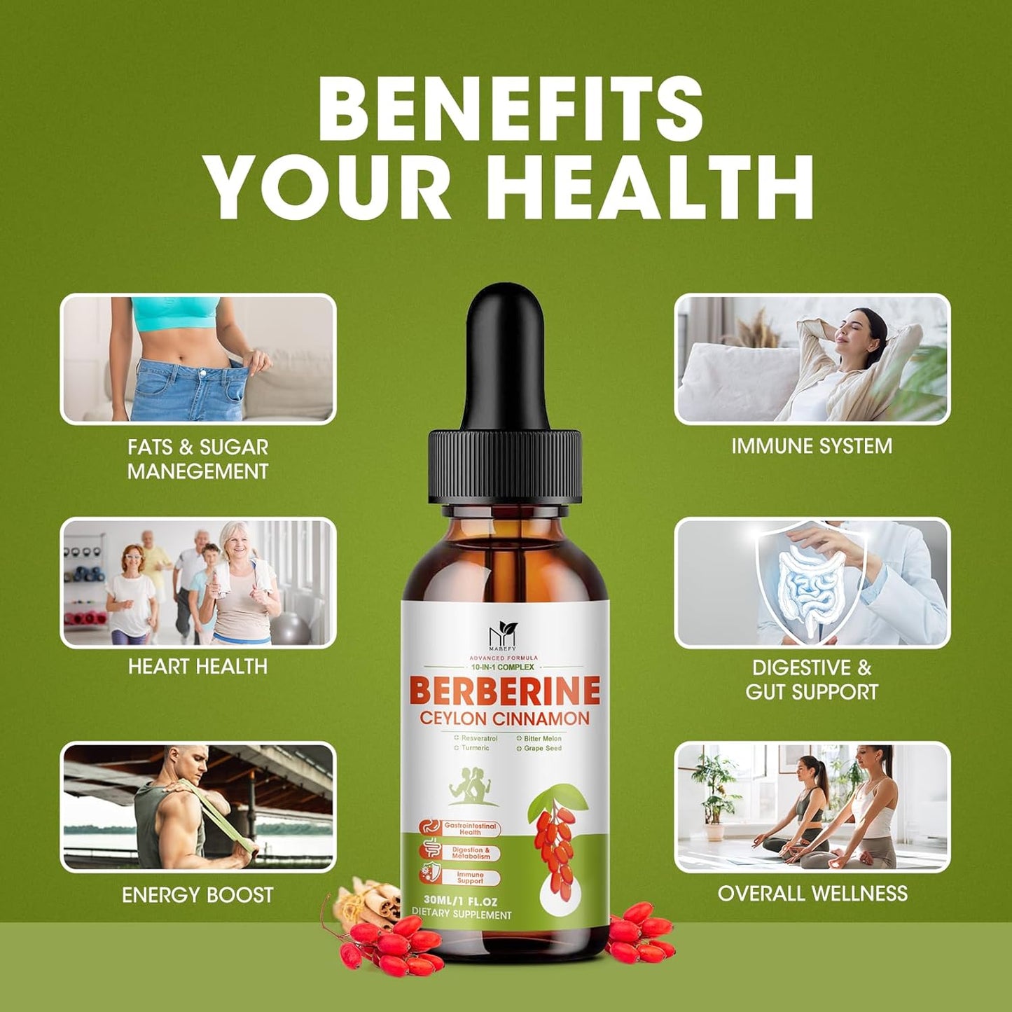 Berberine Liquid Drops Supplement with Ceylon Cinnamon, Turmeric, Resveratrol, and Bitter Melon - 1500mg, Vegan, Immune & Digestive Support - 2 FL Oz