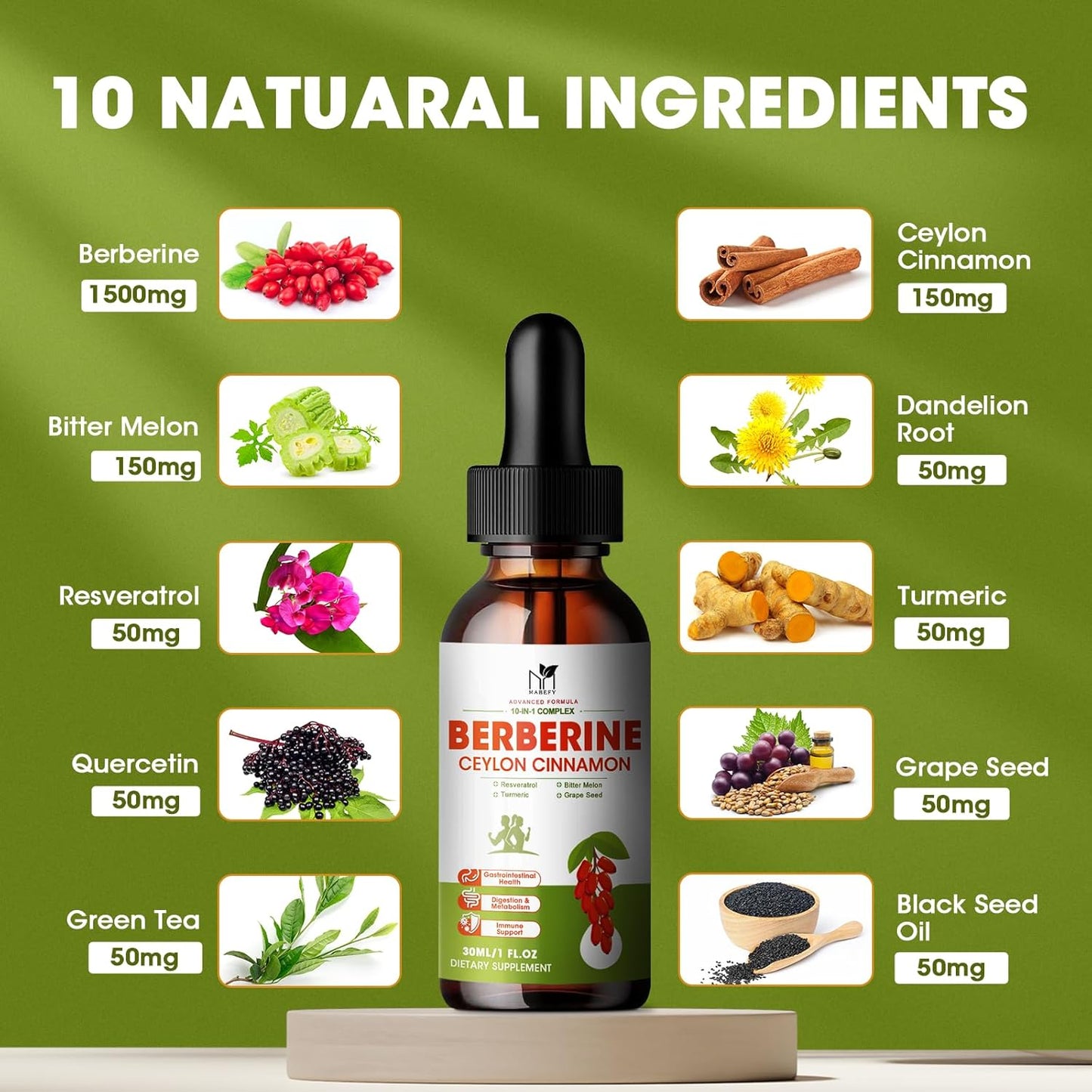 Berberine Liquid Drops Supplement with Ceylon Cinnamon, Turmeric, Resveratrol, and Bitter Melon - 1500mg, Vegan, Immune & Digestive Support - 2 FL Oz