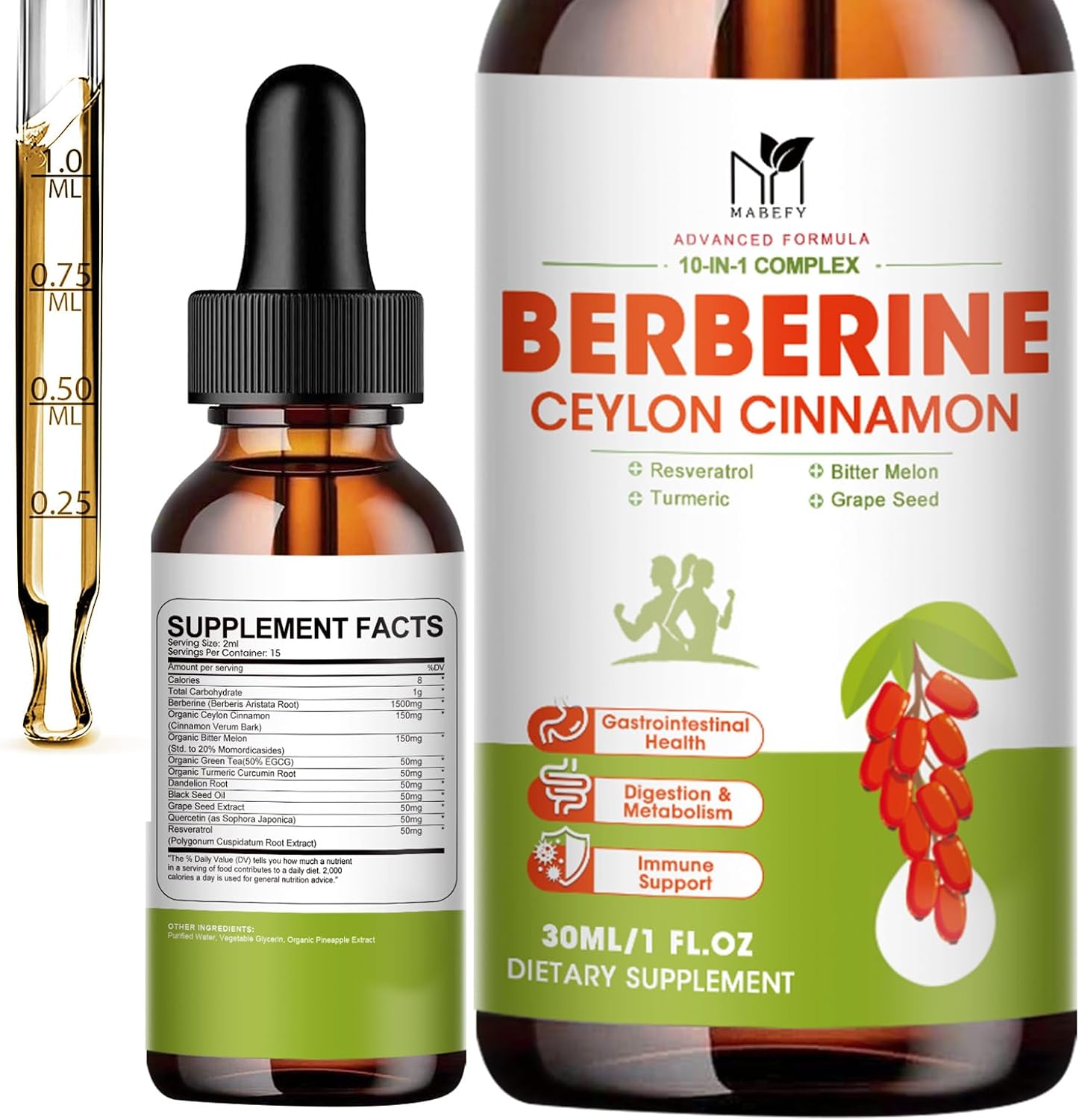 Berberine Liquid Drops Supplement with Ceylon Cinnamon, Turmeric, Resveratrol, and Bitter Melon - 1500mg, Vegan, Immune & Digestive Support - 2 FL Oz