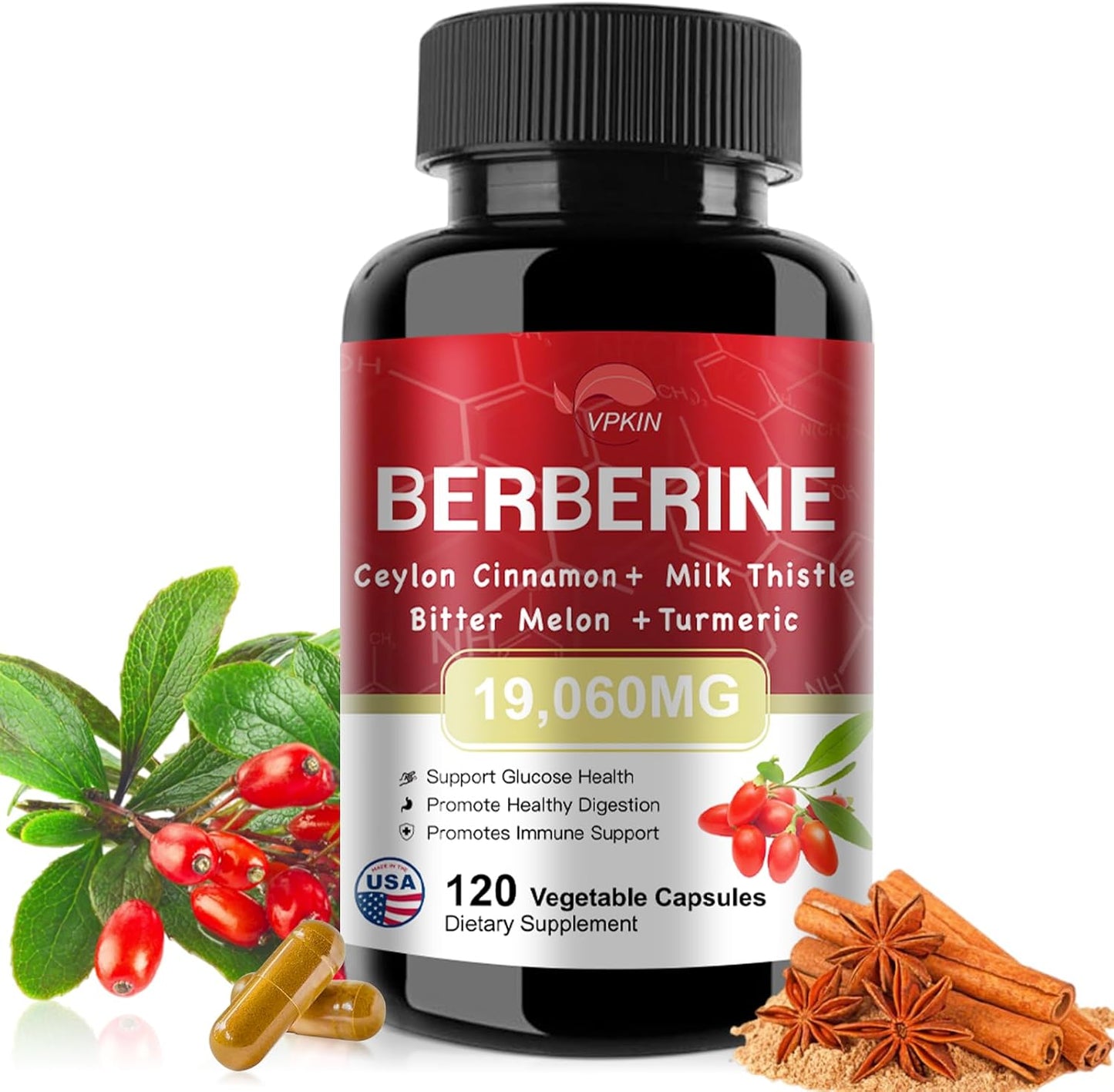 Berberine Supplement 19,060mg with Ceylon Cinnamon, Bitter Melon, Milk Thistle - 120 Capsules