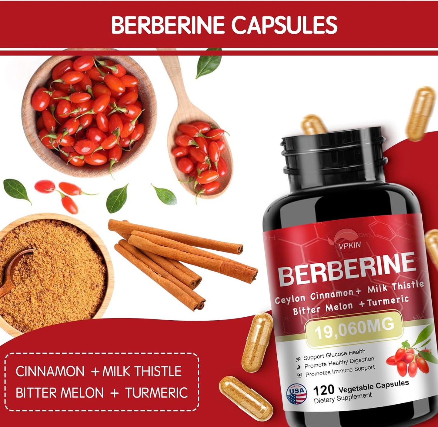 Berberine Supplement 19,060mg with Ceylon Cinnamon, Bitter Melon, Milk Thistle - 120 Capsules