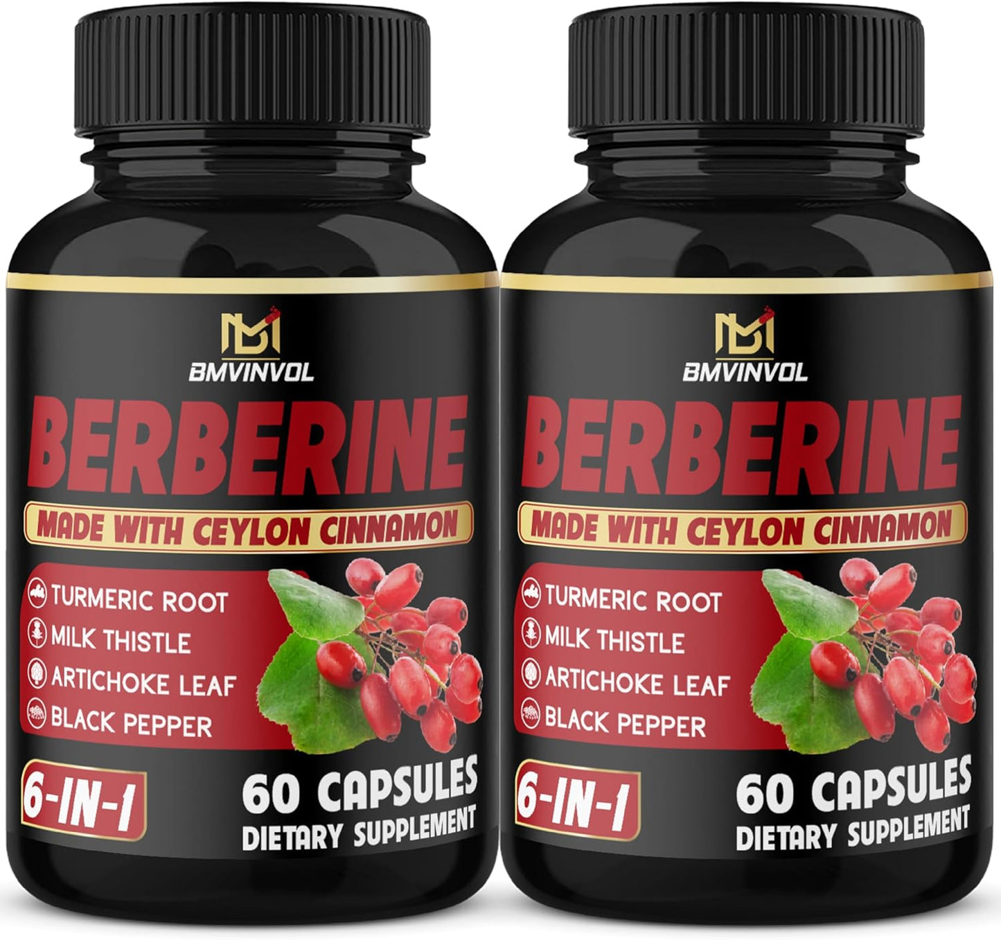 Berberine Supplement Plus Ceylon Cinnamon, Turmeric, Artichoke, Milk Thistle, Black Pepper - 2 Pack - 120 Capsules - 4 Months Supply