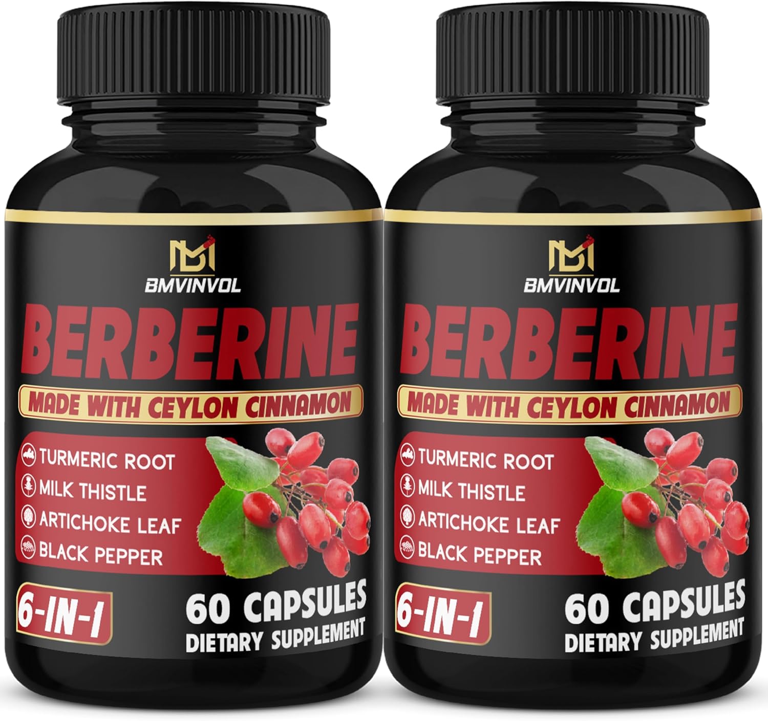 Berberine Supplement Plus Ceylon Cinnamon, Turmeric, Artichoke, Milk Thistle, Black Pepper - 2 Pack - 120 Capsules - 4 Months Supply
