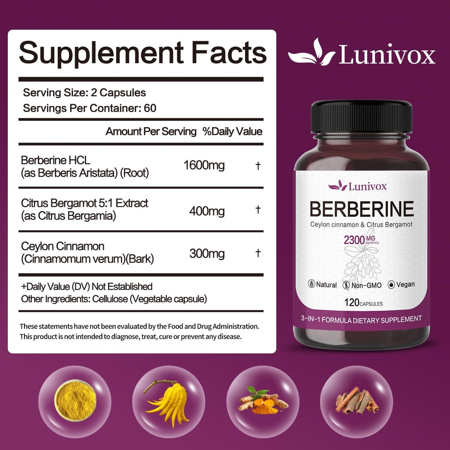 Berberine Supplement with Ceylon Cinnamon for Circulation, Heart Health, Immune Support - 1600mg - 120 Capsules