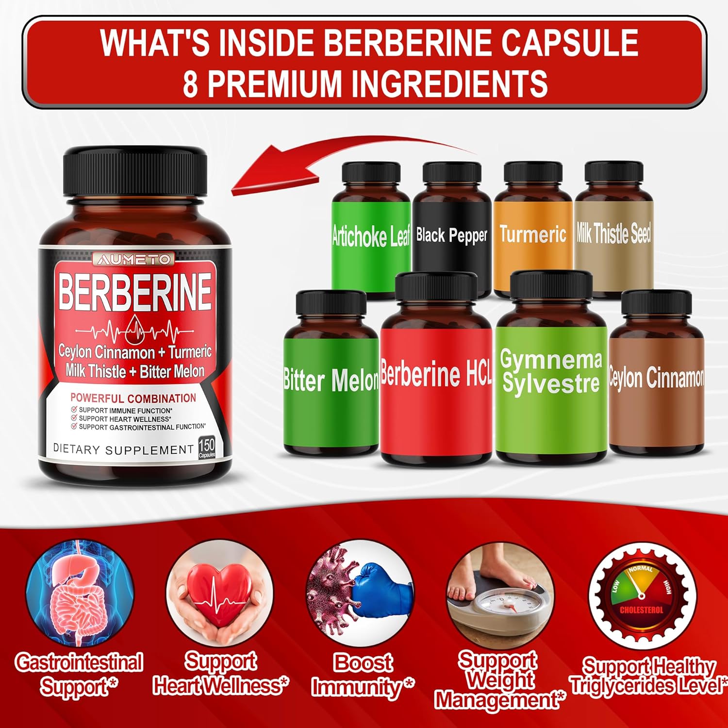 Berberine Supplement with Ceylon Cinnamon, Turmeric, Milk Thistle, Bitter Melon - Digestion, Immunity, Weight Management - 150 Count