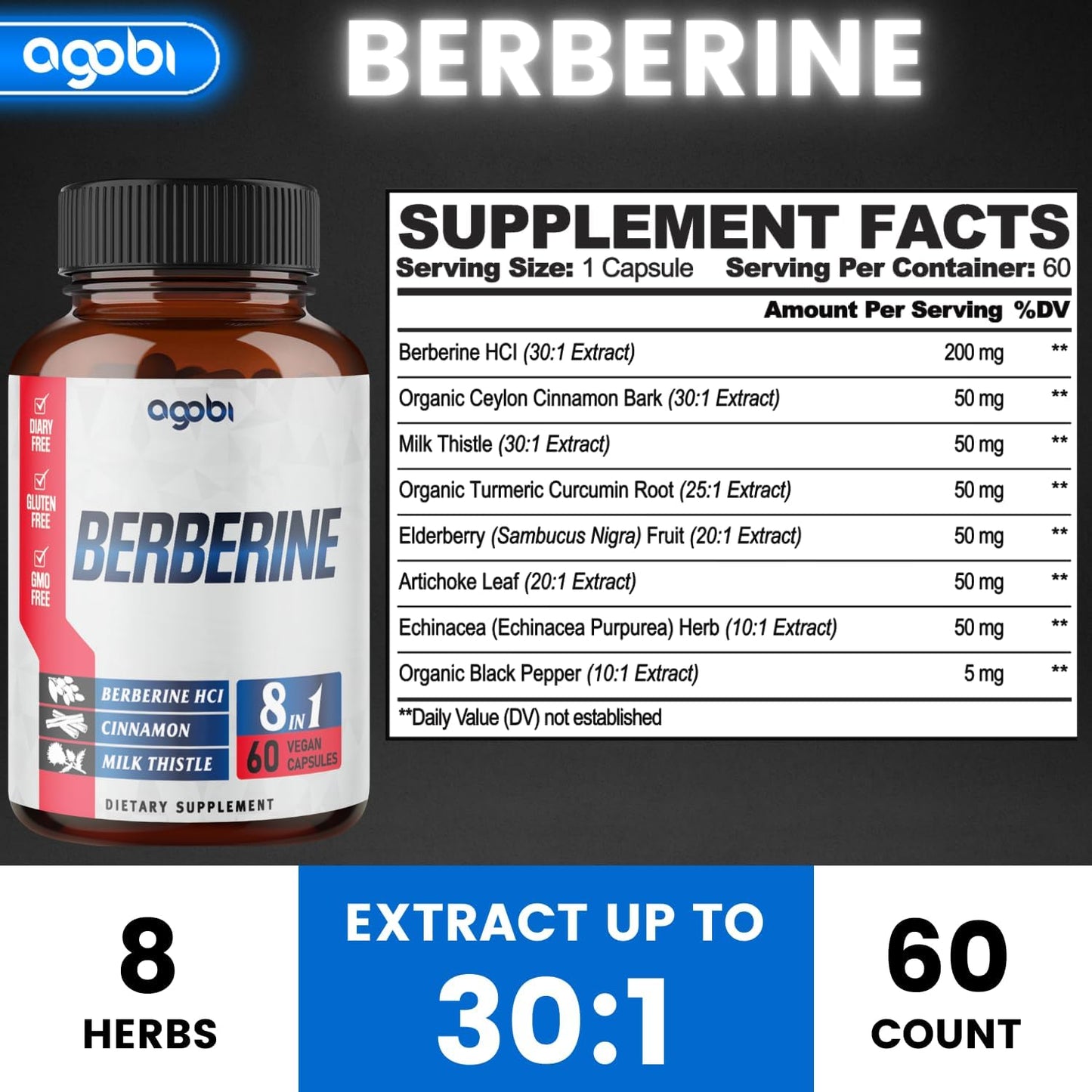 Berberine Supplement with Ceylon, Milk Thistle, Turmeric, Elderberry - 60 Count for Immune, Cardiovascular & Gastrointestinal Support