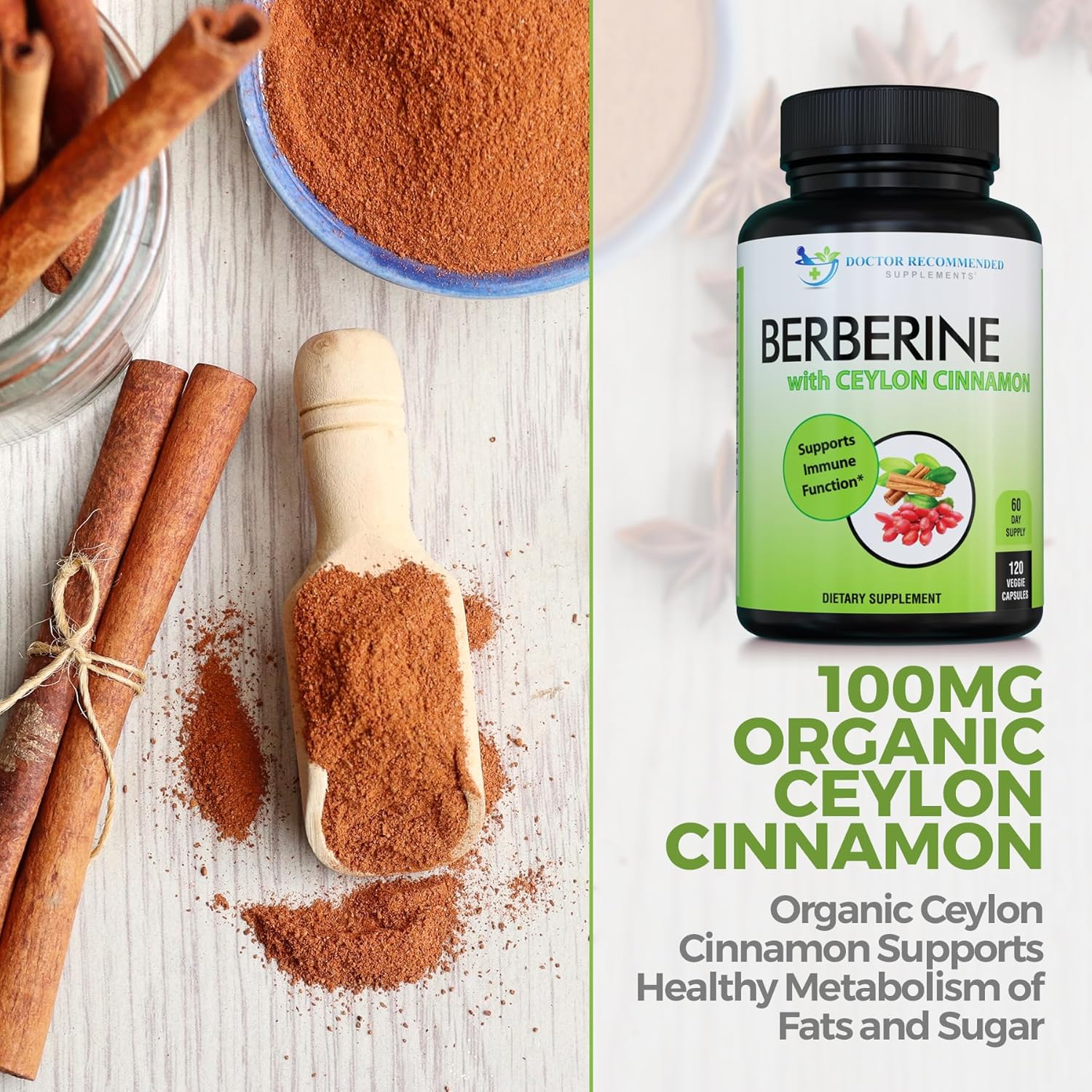 Berberine with Ceylon Cinnamon Supplements - 1200mg Berberine & 100mg Ceylon Cinnamon - 120 Capsules for Immune & Gut Health