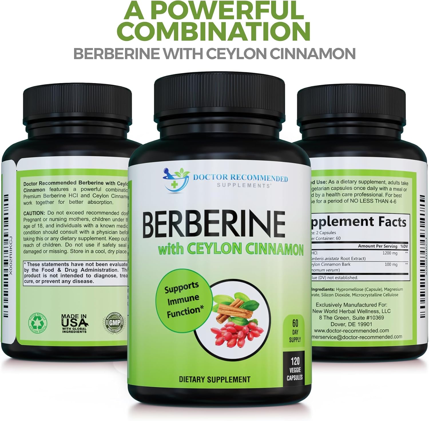 Berberine with Ceylon Cinnamon Supplements - 1200mg Berberine & 100mg Ceylon Cinnamon - 120 Capsules for Immune & Gut Health