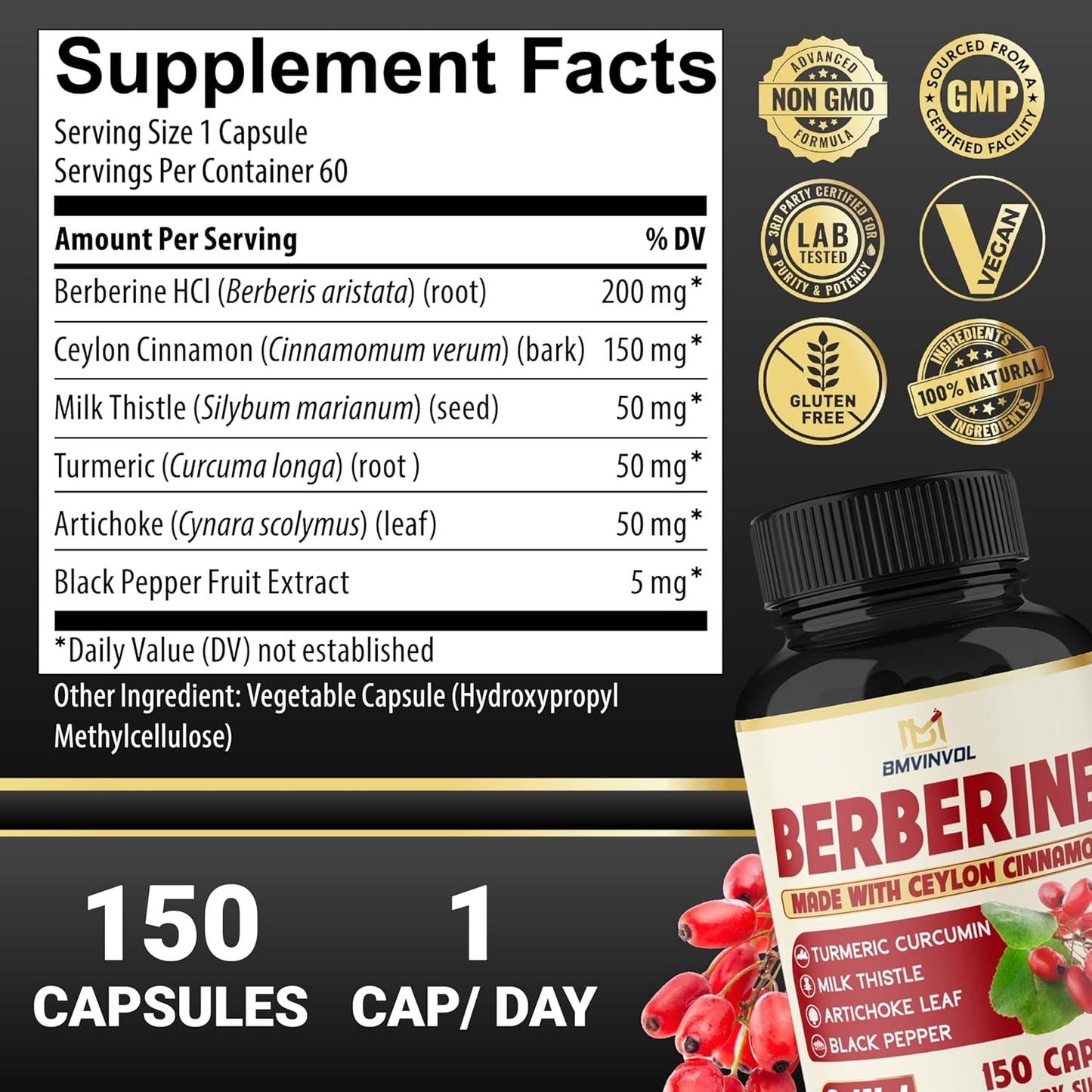 Berberine with Ceylon Cinnamon, Turmeric, Milk Thistle, Artichoke, Black Pepper - 150 Count - Single Pack