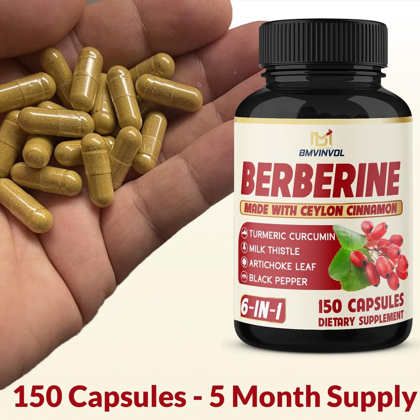 Berberine with Ceylon Cinnamon, Turmeric, Milk Thistle, Artichoke, Black Pepper - 150 Count - Single Pack