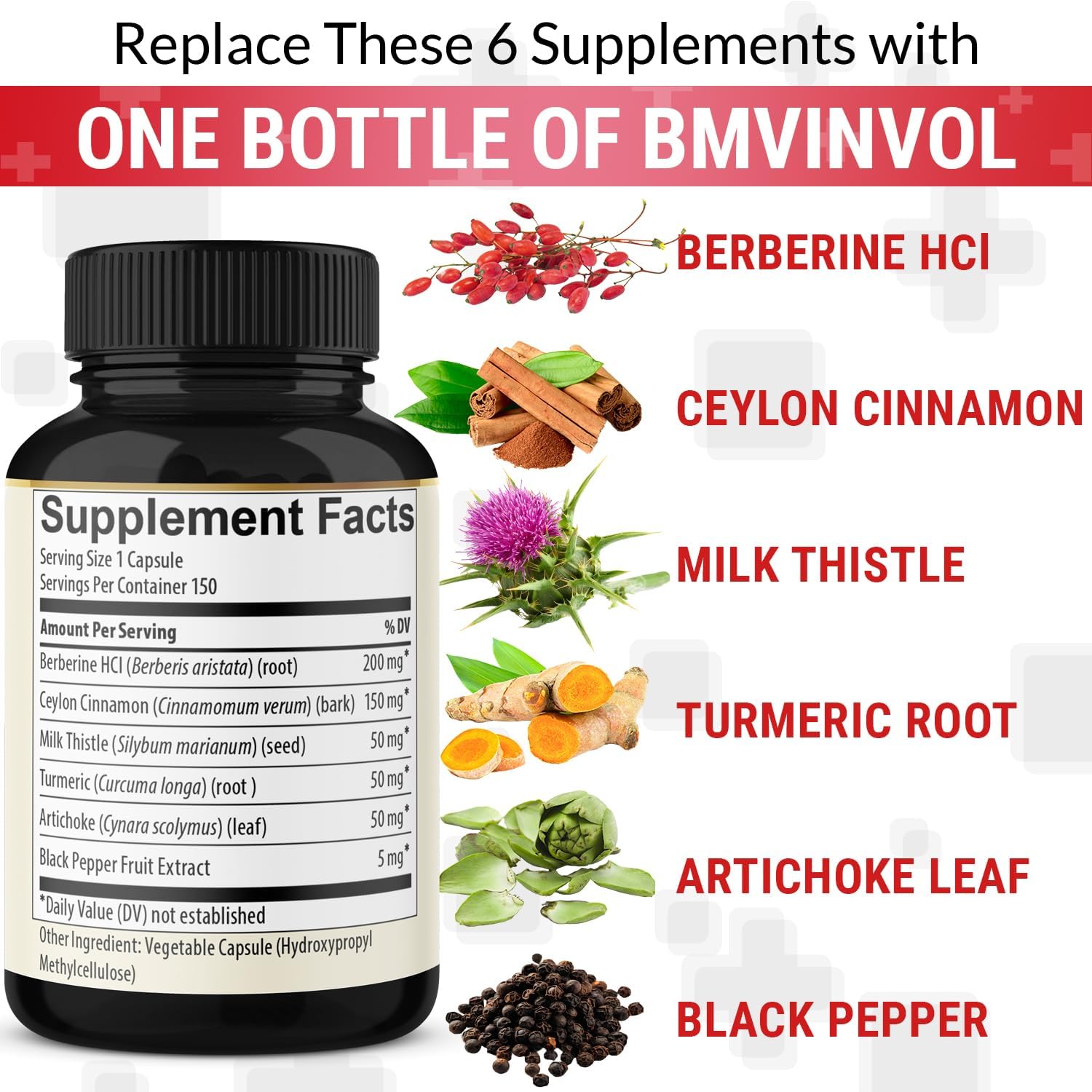 Berberine with Ceylon Cinnamon, Turmeric, Milk Thistle, Artichoke, Black Pepper - 150 Count - Single Pack