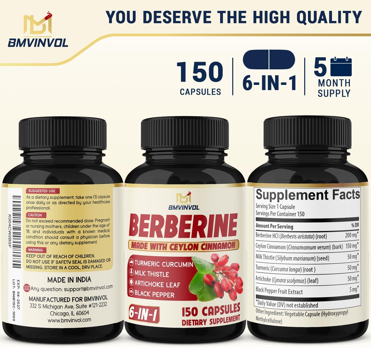 Berberine with Ceylon Cinnamon, Turmeric, Milk Thistle, Artichoke, Black Pepper - 150 Count - Single Pack
