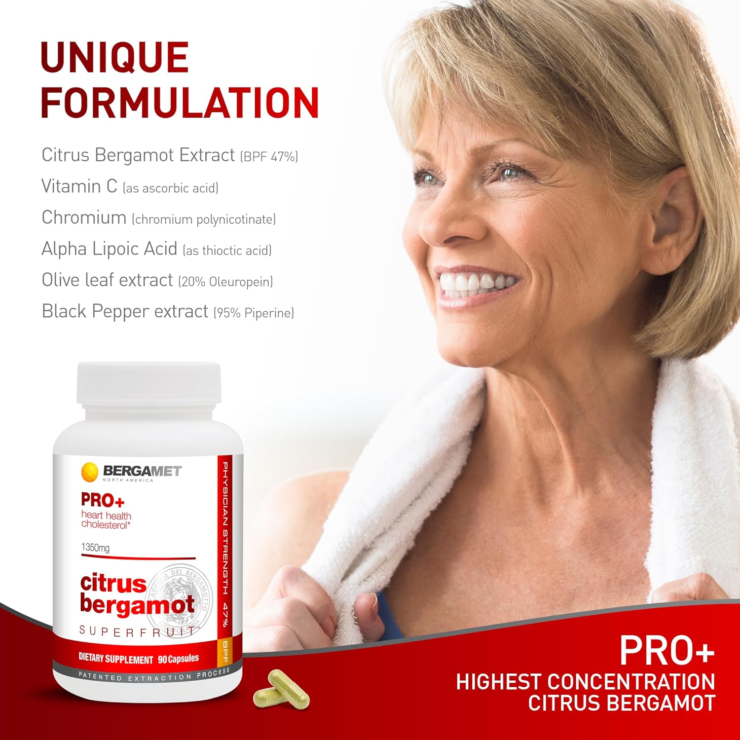 BergaMet Citrus Bergamot SuperFruit PRO+ with Olive Leaf Extract - Clinical Studies - Made in USA - 180 Capsules