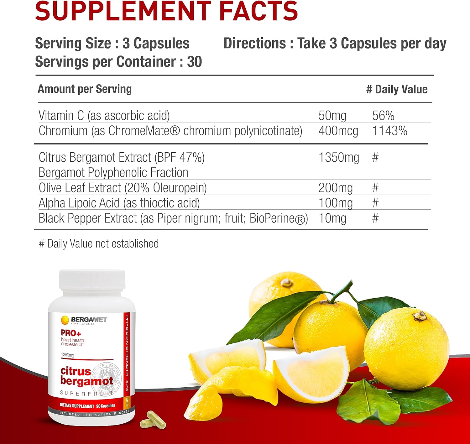 BergaMet Citrus Bergamot SuperFruit PRO+ with Olive Leaf Extract - Clinical Studies - Made in USA - 180 Capsules