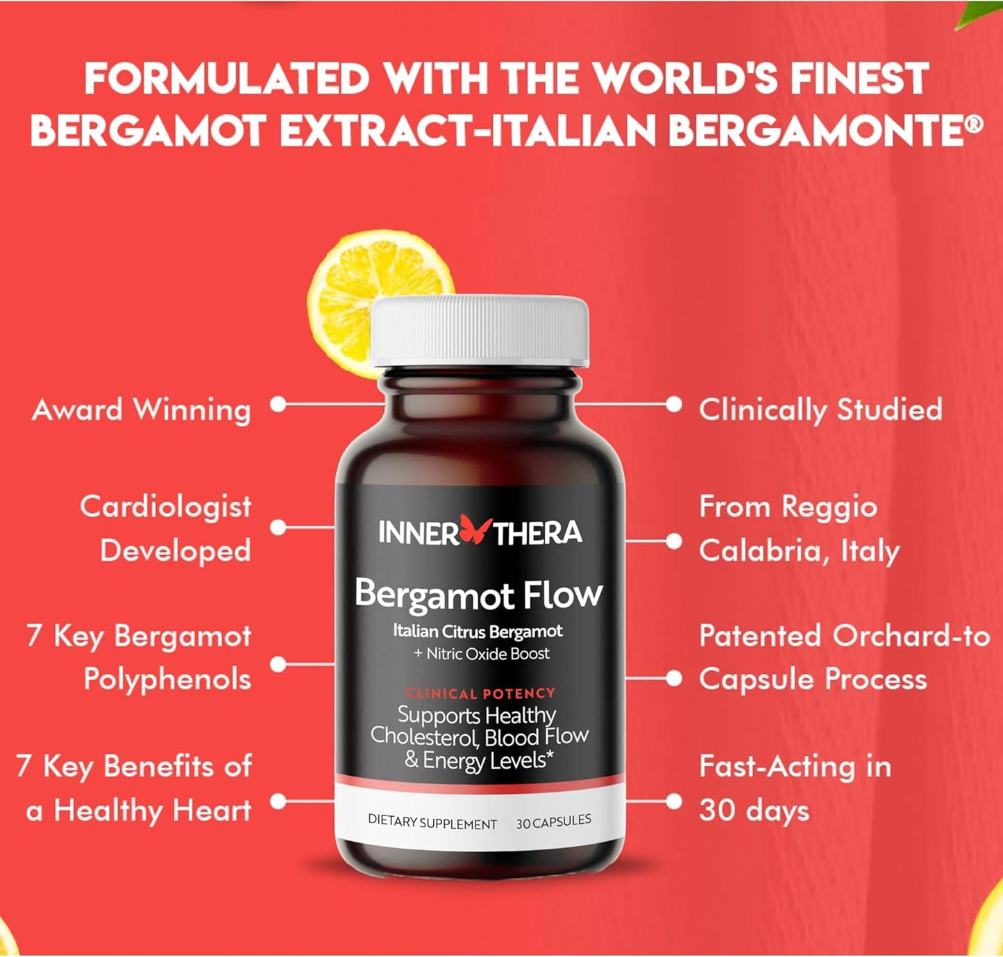 Bergamot Flow Citrus Supplement with Nitric Oxide Boost - Supports Cholesterol and Energy Levels - Non-GMO Vitamin C - Bergamonte Formula