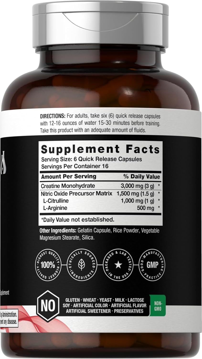 Berkshire Labs Nitric Oxide Supplement with Creatine - 100 Capsules, L Citrulline, L Arginine, Creatine Monohydrate - Non-GMO, Gluten Free