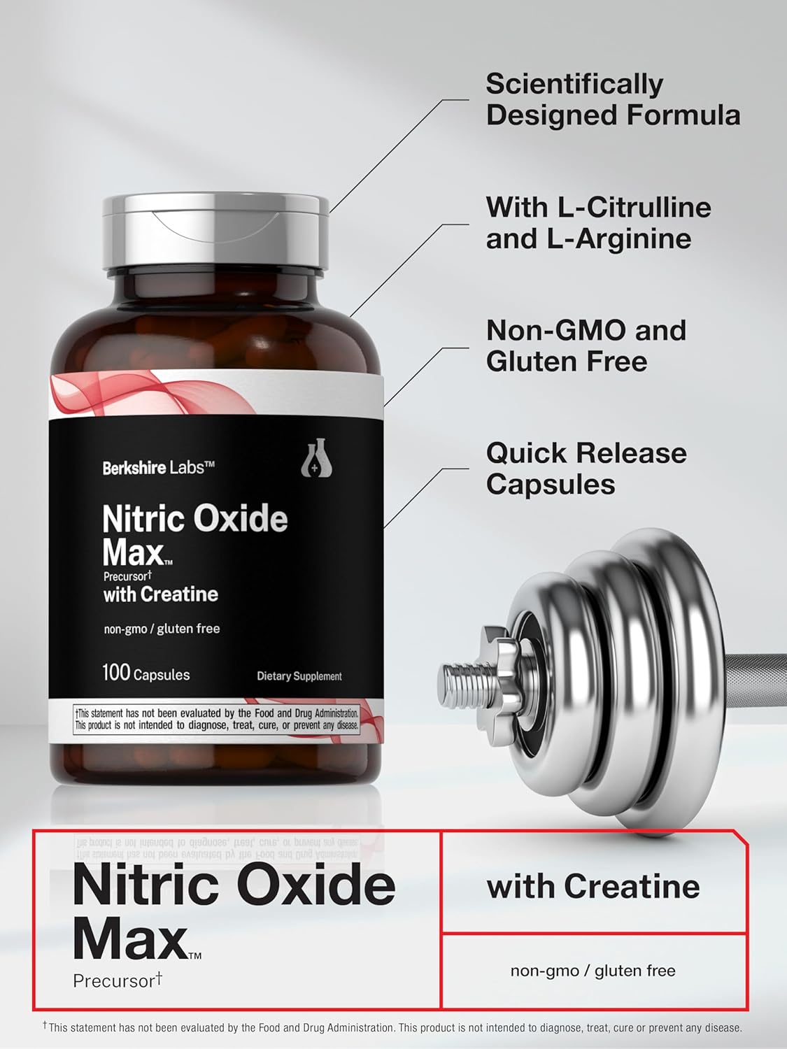 Berkshire Labs Nitric Oxide Supplement with Creatine - 100 Capsules, L Citrulline, L Arginine, Creatine Monohydrate - Non-GMO, Gluten Free