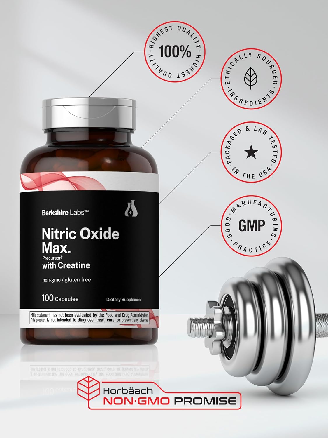Berkshire Labs Nitric Oxide Supplement with Creatine - 100 Capsules, L Citrulline, L Arginine, Creatine Monohydrate - Non-GMO, Gluten Free