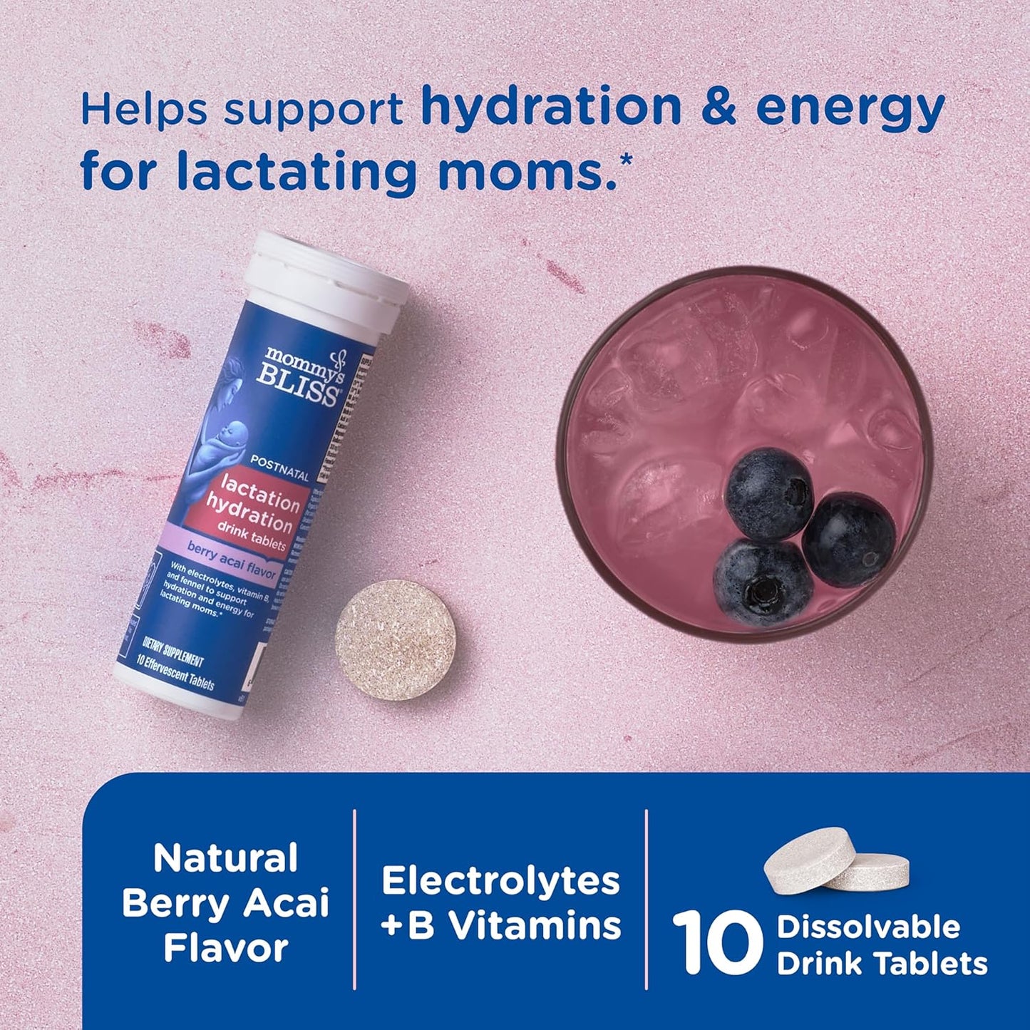 Berry Acai Lactation Hydration Drink Tablets for Nursing Moms - Electrolytes + B Vitamins - 1 Pack (10 Tablets)