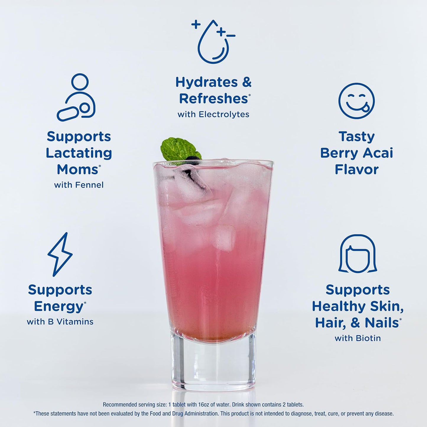 Berry Acai Lactation Hydration Drink Tablets for Nursing Moms - Electrolytes + B Vitamins - 1 Pack (10 Tablets)