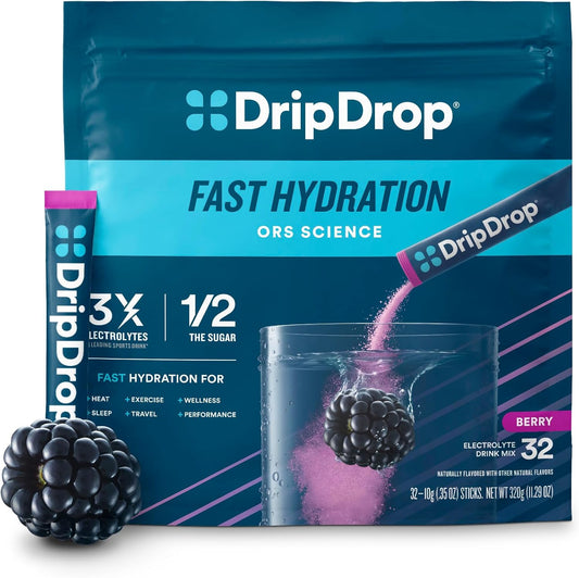 Berry DripDrop Hydration Electrolyte Drink Mix Powder Packets - 32 Single Serve Sticks, Non-GMO, Gluten Free, Vegan