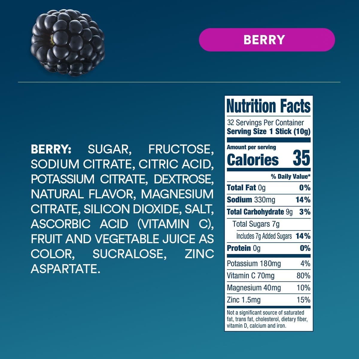 Berry DripDrop Hydration Electrolyte Drink Mix Powder Packets - 32 Single Serve Sticks, Non-GMO, Gluten Free, Vegan