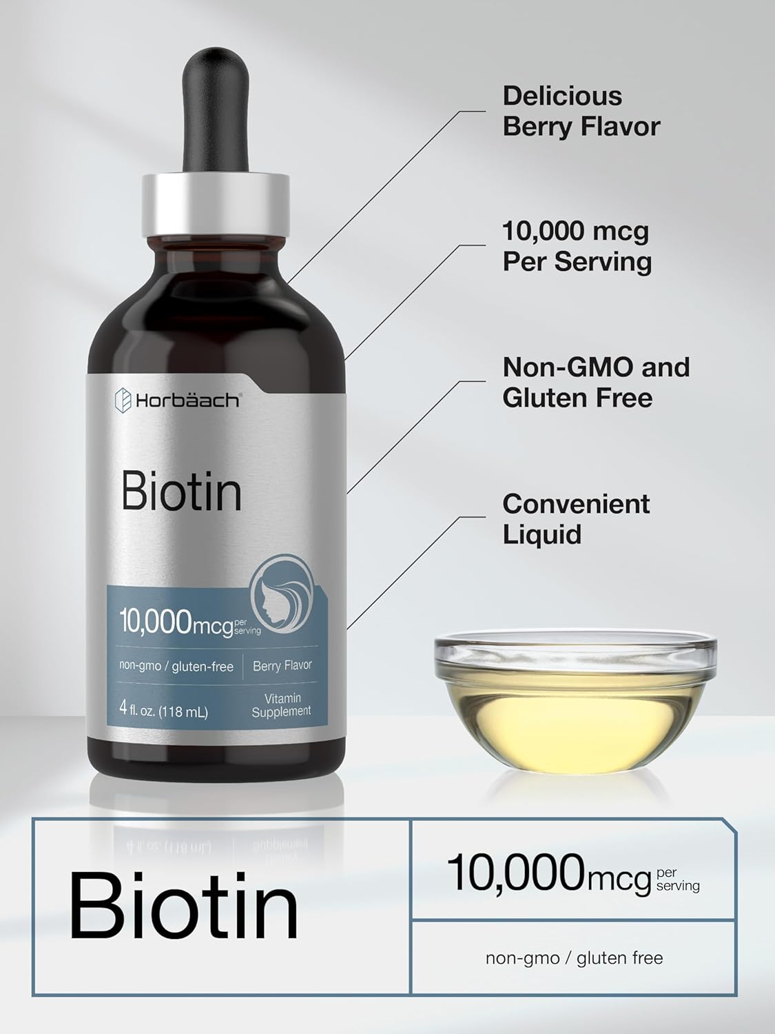 Berry Flavored Biotin Liquid Drops | 10000mcg | 4 fl oz | Vegetarian, Non-GMO & Gluten-Free