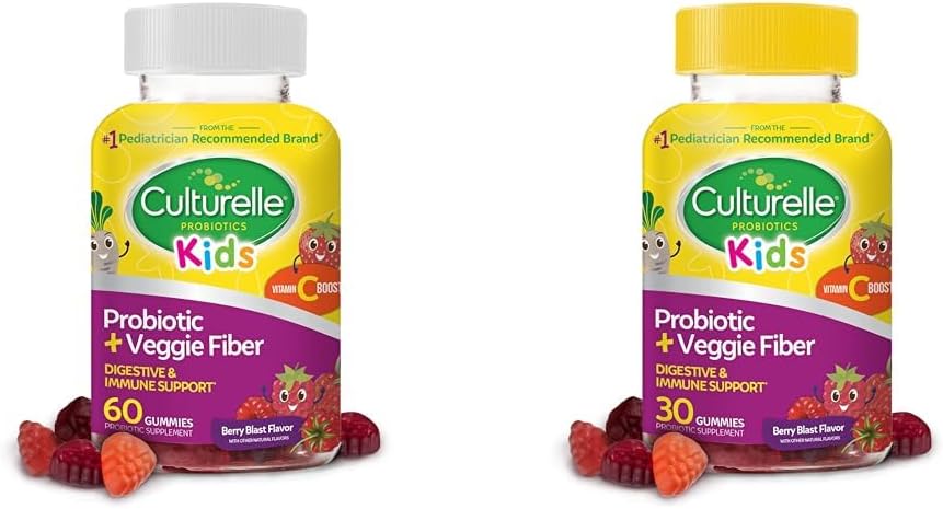 Berry Flavored Culturelle Kids Probiotic Gummies with Veggie Fiber - 60 & 30 Count for Digestive & Immune Health