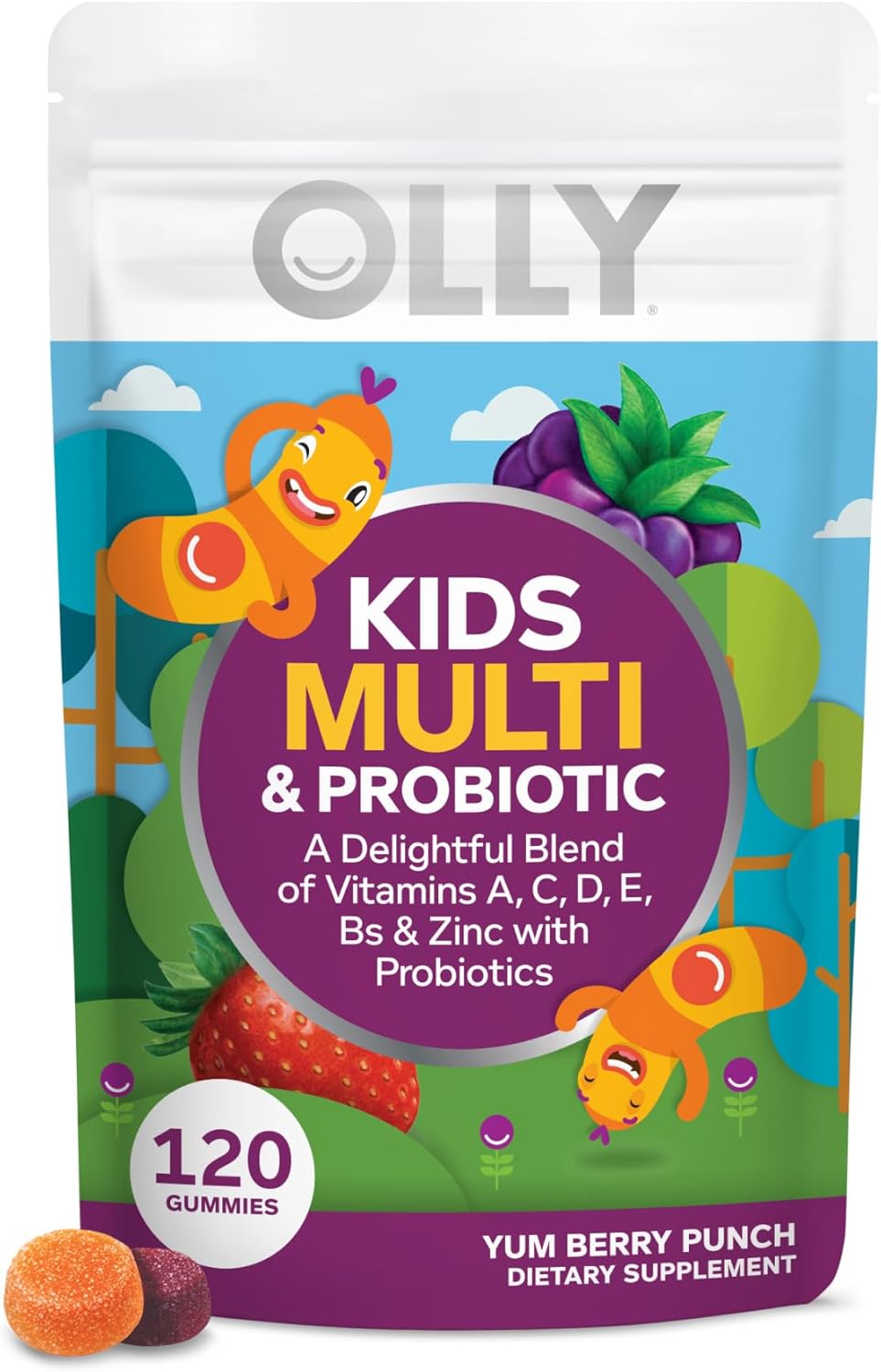 Berry Flavored OLLY Kids Multivitamin & Probiotic Gummy with Vitamins A, D, C, E, B, Zinc - 60 Day Supply, 120 Count