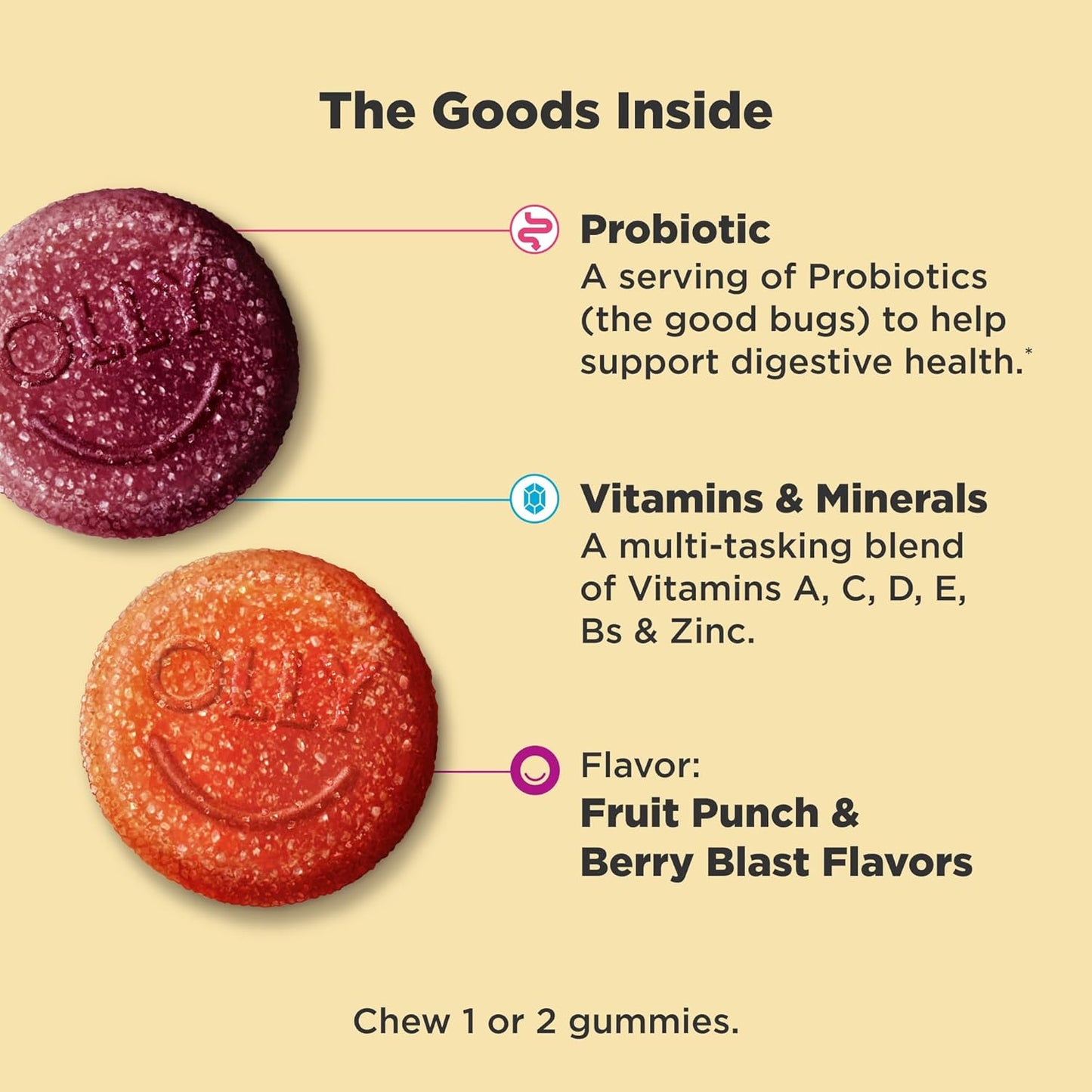 Berry Flavored OLLY Kids Multivitamin & Probiotic Gummy with Vitamins A, D, C, E, B, Zinc - 60 Day Supply, 120 Count