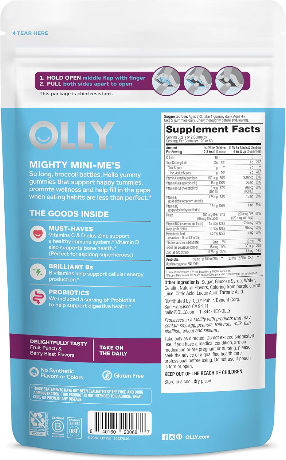 Berry Flavored OLLY Kids Multivitamin & Probiotic Gummy with Vitamins A, D, C, E, B, Zinc - 60 Day Supply, 120 Count