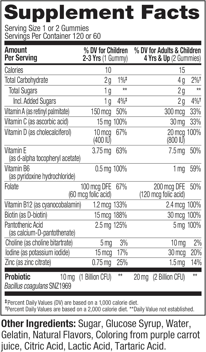 Berry Flavored OLLY Kids Multivitamin & Probiotic Gummy with Vitamins A, D, C, E, B, Zinc - 60 Day Supply, 120 Count